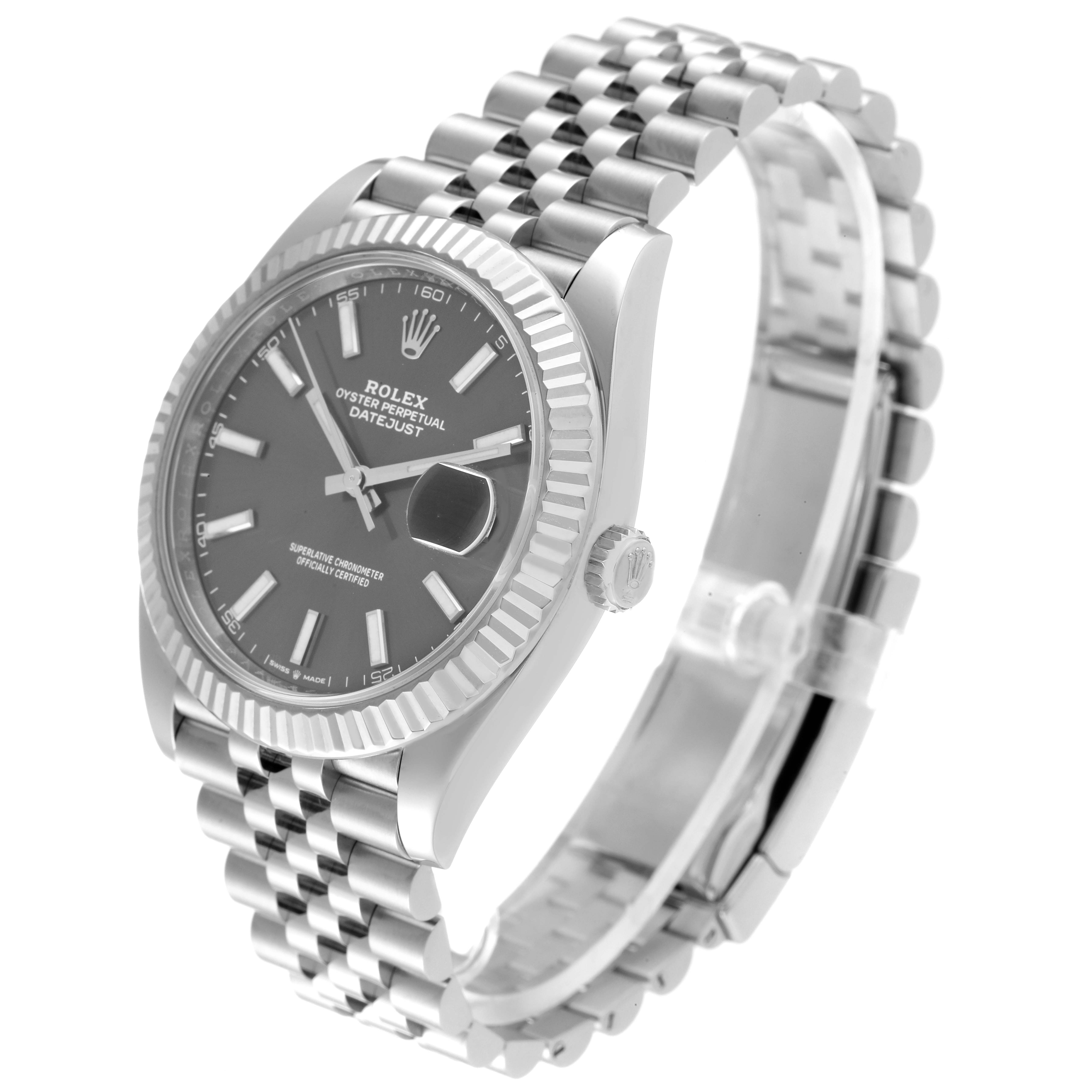 The image shows a Rolex Datejust 41 126334 Men's Stainless Steel Grey Dial 126334 Men's Stainless Steel Grey Dial watch at an angle highlighting the face, bezel, crown, and Jubilee bracelet.