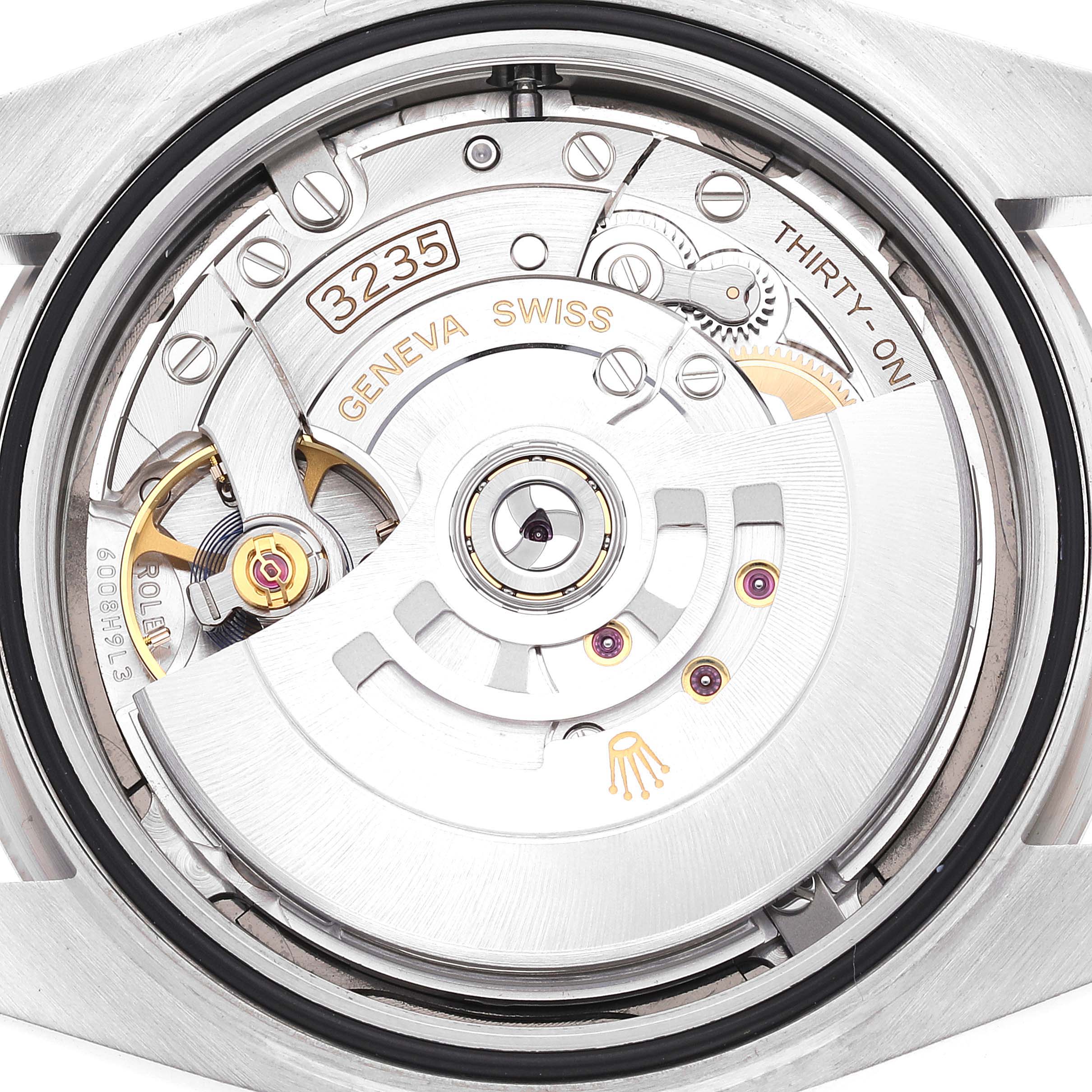 This image shows the rear internal mechanism of the Rolex Datejust 41 126334 Men's Stainless Steel Grey Dial 126334 Men's Stainless Steel Grey Dial watch, highlighting the intricate movement components.