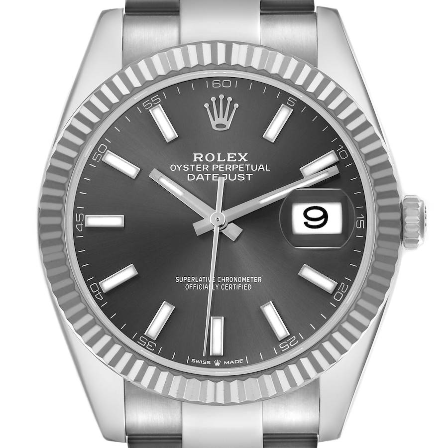The Rolex Datejust 41 is shown from a front angle, highlighting the dial, bezel, and part of the bracelet.
