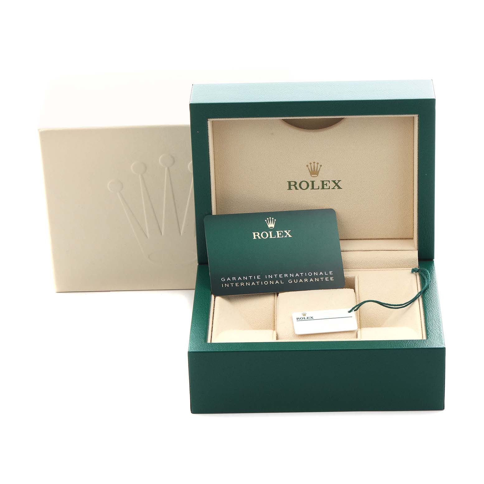 The image shows the Rolex Datejust 41 126334 Men
s Stainless Steel Grey Dial 126334 Men
s Stainless Steel Grey Dial packaging with an open green box, guarantee card, tag, and warranty documents.