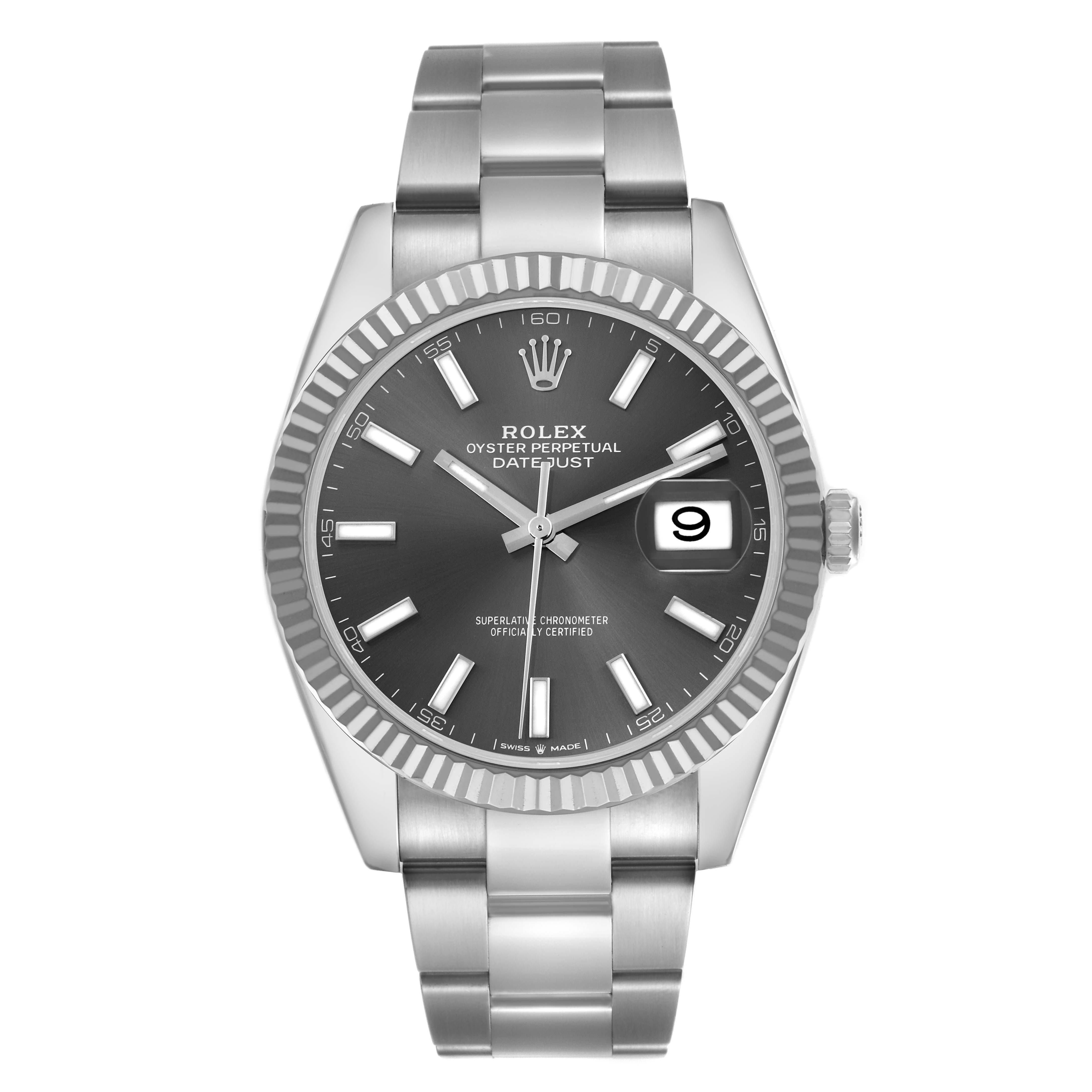 The image shows a front view of a Rolex Datejust 41 126334 Men
s Stainless Steel Grey Dial 126334 Men
s Stainless Steel Grey Dial, highlighting the dial, bezel, and bracelet.