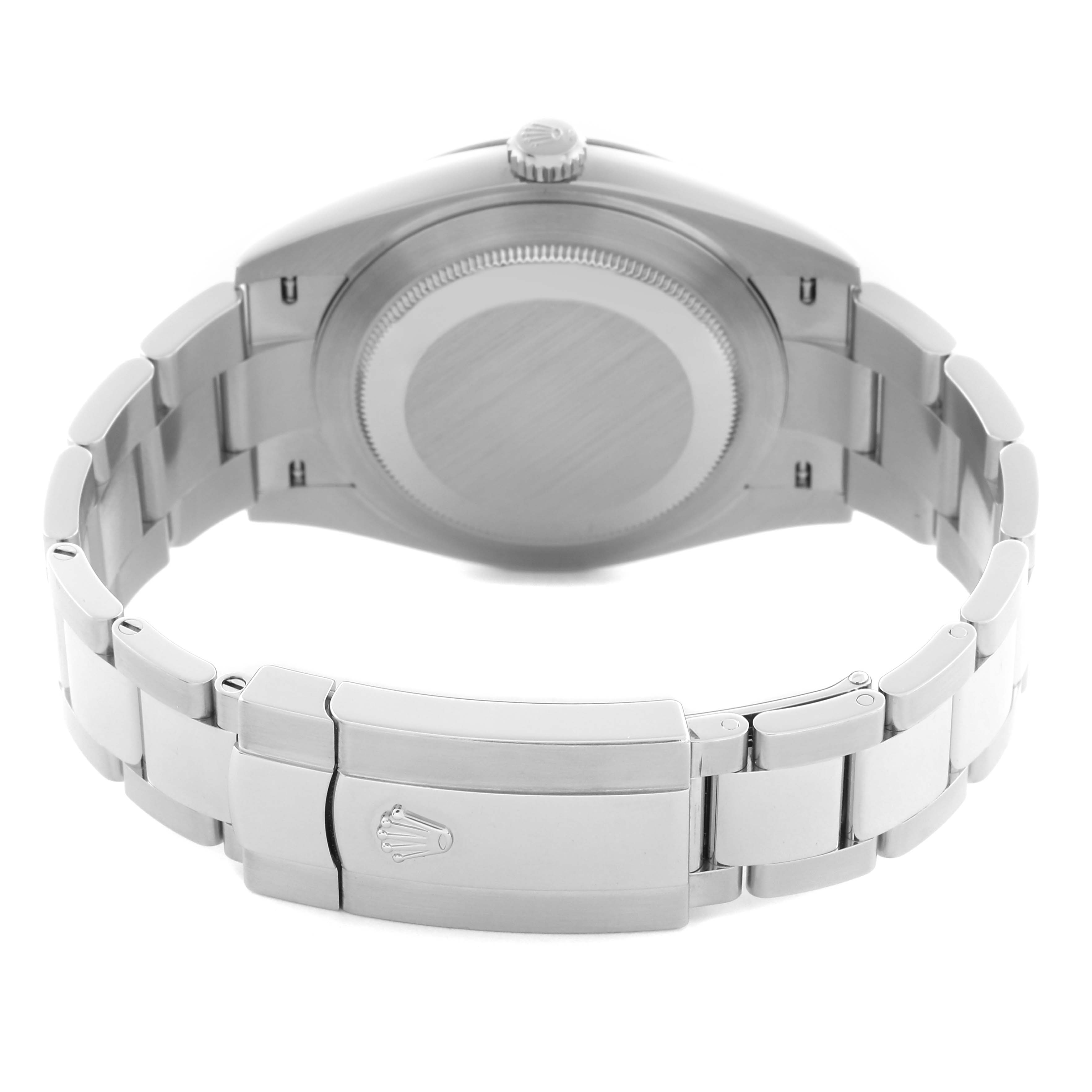 The image shows the back view of a Rolex Datejust 41 126334 Men
s Stainless Steel Grey Dial 126334 Men
s Stainless Steel Grey Dial, highlighting its bracelet and clasp.