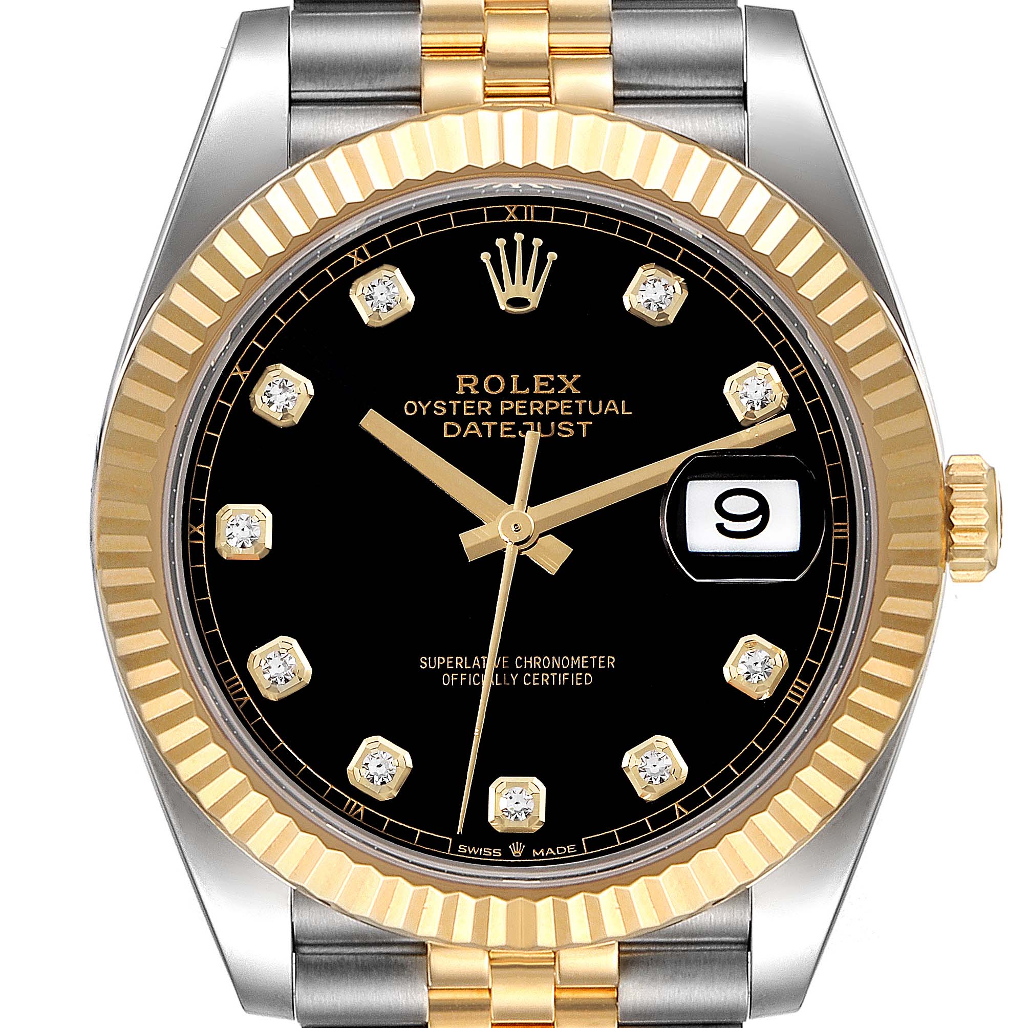 This image shows the Rolex Datejust 41 126333 Men's Steel and Gold (two tone) Black Dial 126333 Men's Steel and Gold (two tone) Black Dial watch from a front angle, highlighting its gold fluted bezel, black dial, and two-tone bracelet.