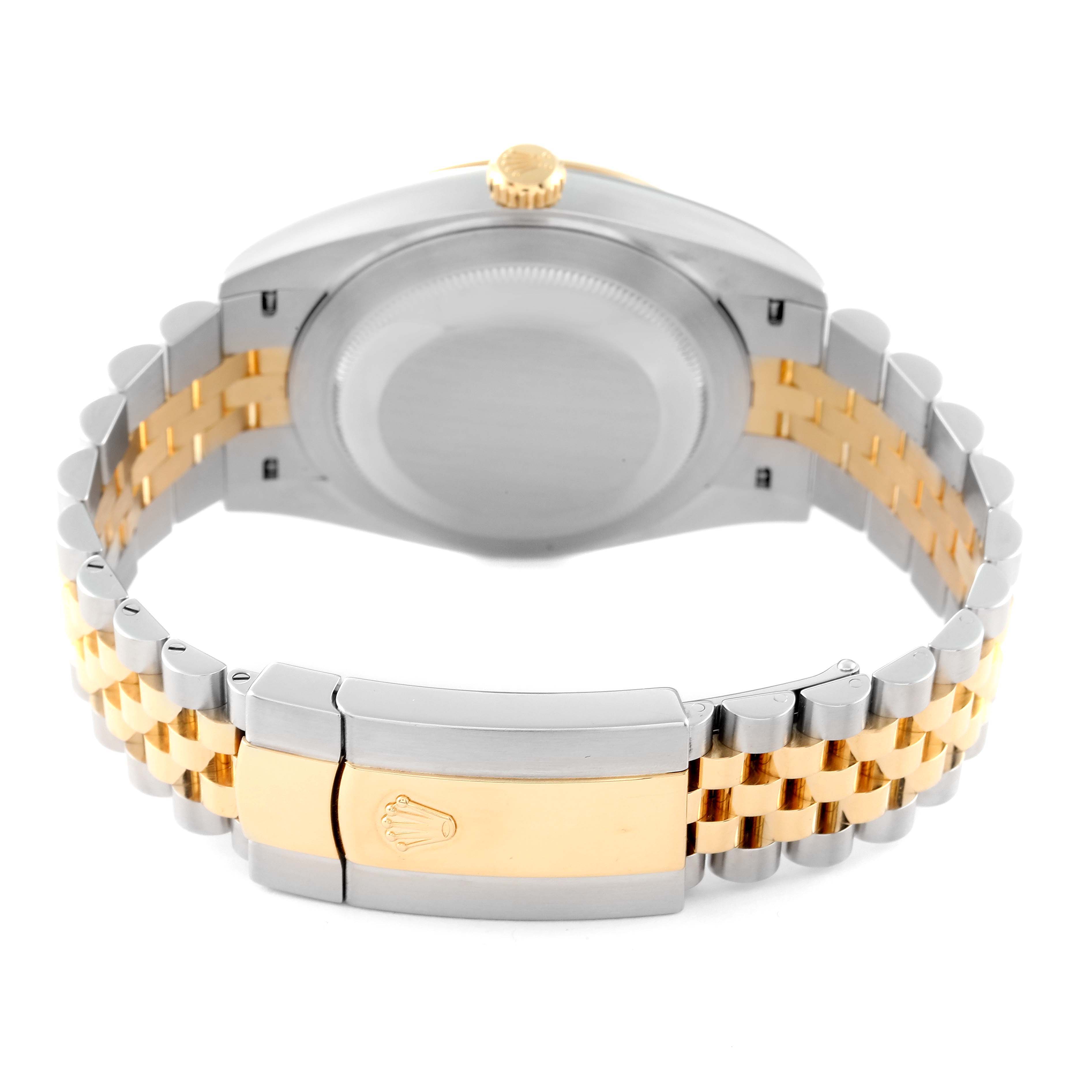 This image shows the back of the Rolex Datejust 41 126333 Men's Steel and Gold (two tone) Black Dial 126333 Men's Steel and Gold (two tone) Black Dial watch, featuring its case back, crown, and the two-tone bracelet with a clasp.