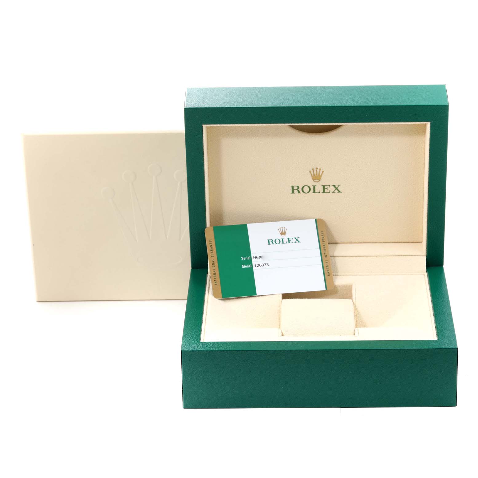 This image shows the Rolex Datejust 41 126333 Men's Steel and Gold (two tone) Black Dial 126333 Men's Steel and Gold (two tone) Black Dial model's open green watch box, warranty card, and beige interior.