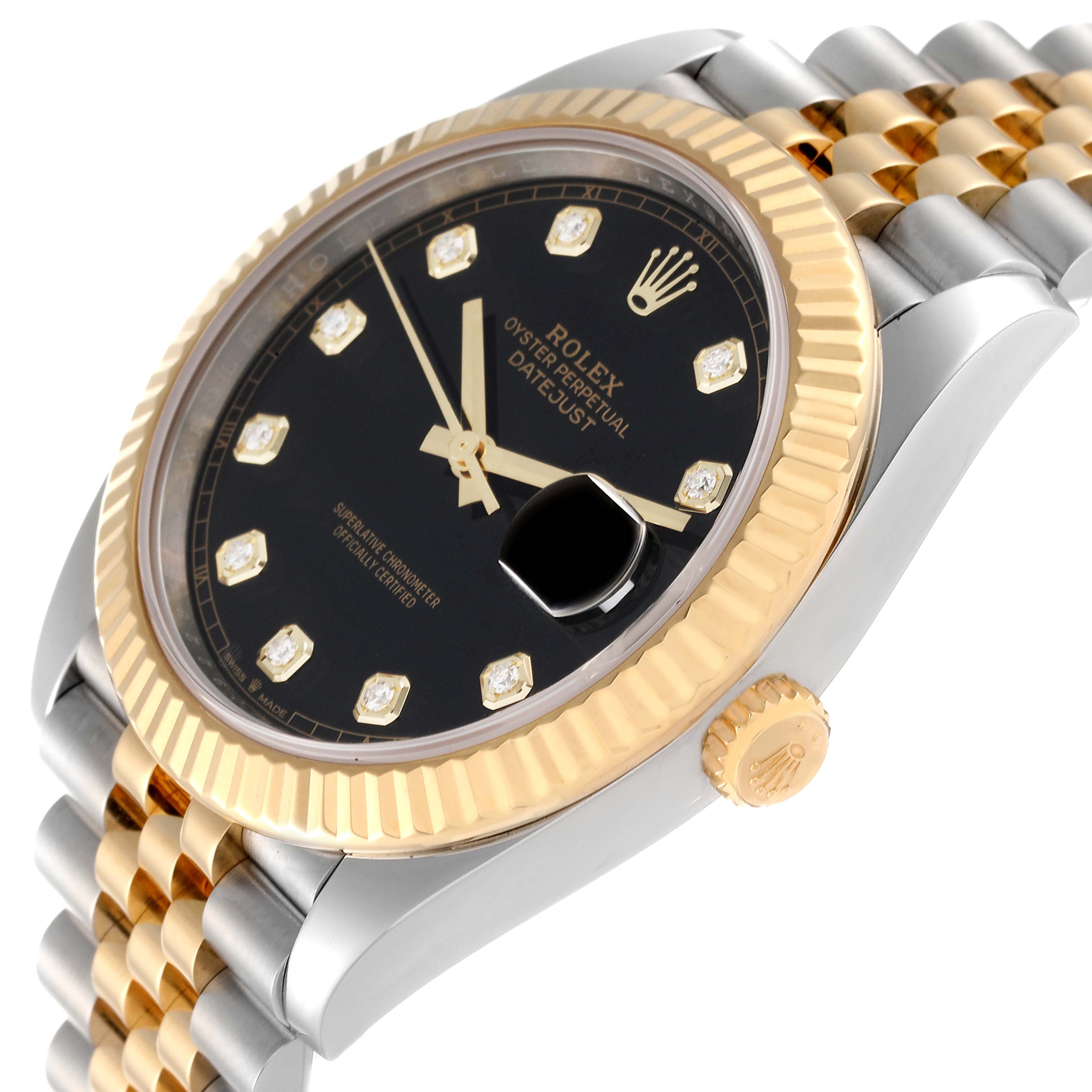 The image shows a Rolex Datejust 41 126333 Men's Steel and Gold (two tone) Black Dial 126333 Men's Steel and Gold (two tone) Black Dial watch from a side angle, featuring its black dial, gold bezel, and jubilee bracelet.