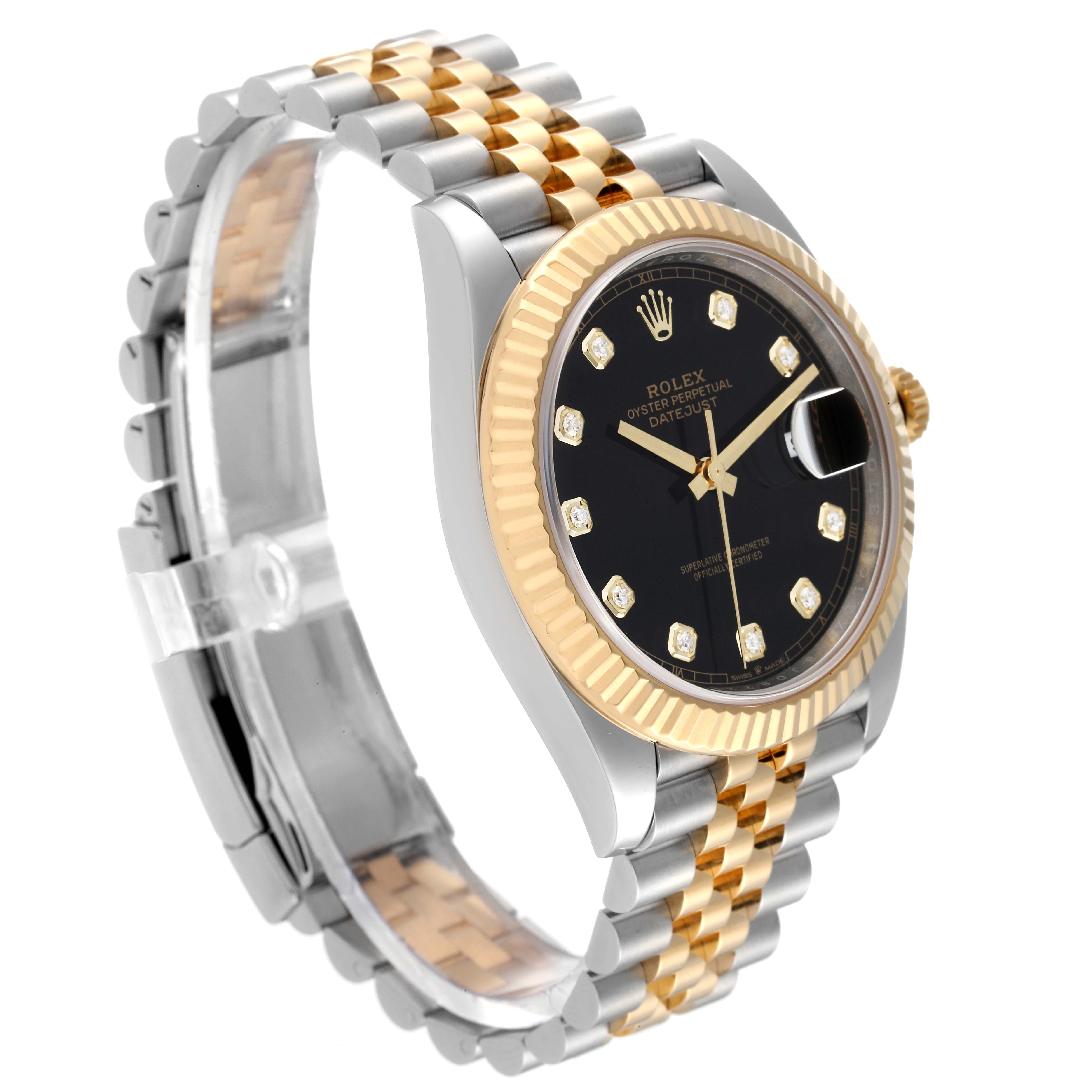 The Rolex Datejust 41 126333 Men's Steel and Gold (two tone) Black Dial 126333 Men's Steel and Gold (two tone) Black Dial watch is shown at a slight angle, highlighting its two-tone bracelet, fluted bezel, and black dial.