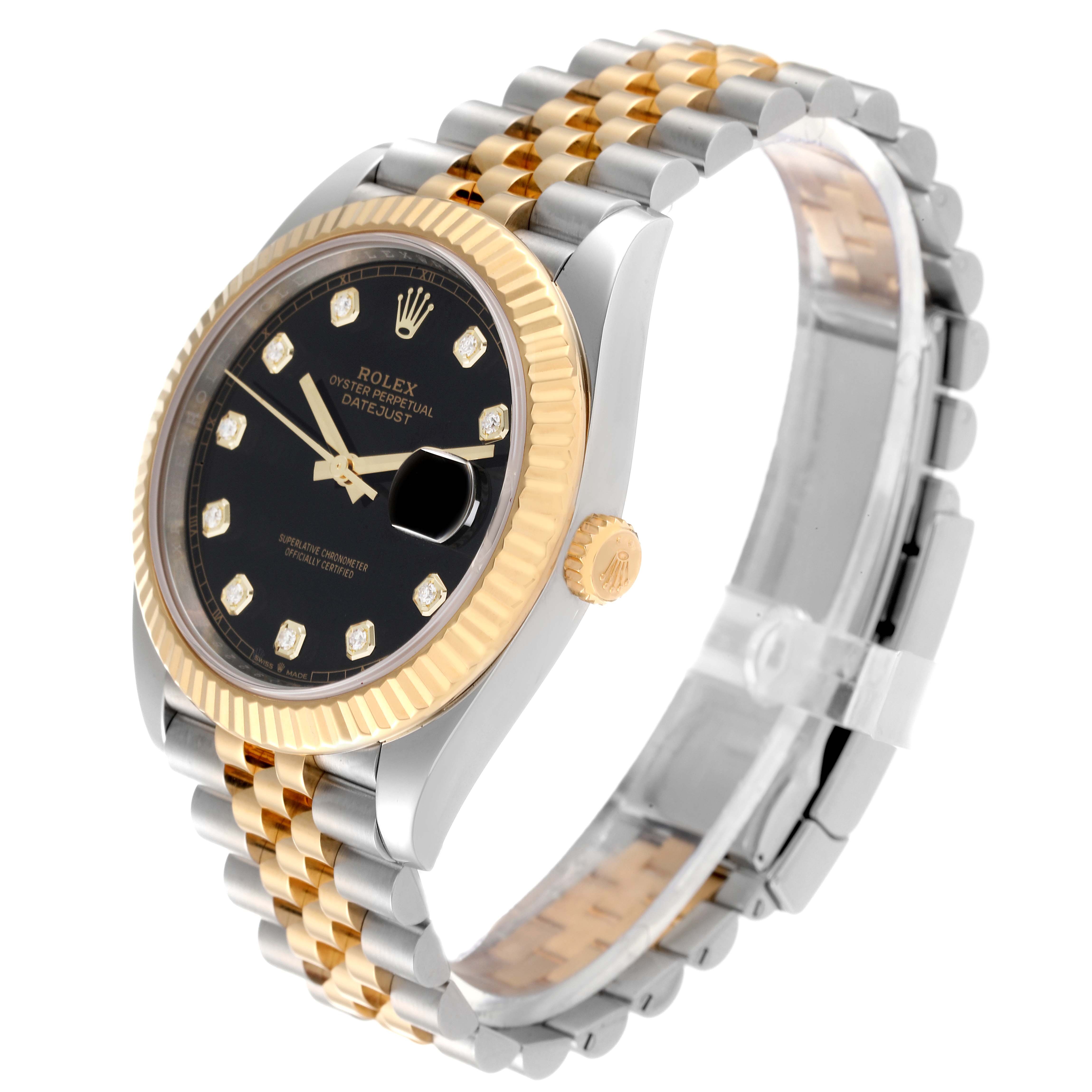 The image shows a Rolex Datejust 41 126333 Men's Steel and Gold (two tone) Black Dial 126333 Men's Steel and Gold (two tone) Black Dial watch at an angled side view, highlighting the black dial, gold fluted bezel, and two-tone bracelet.