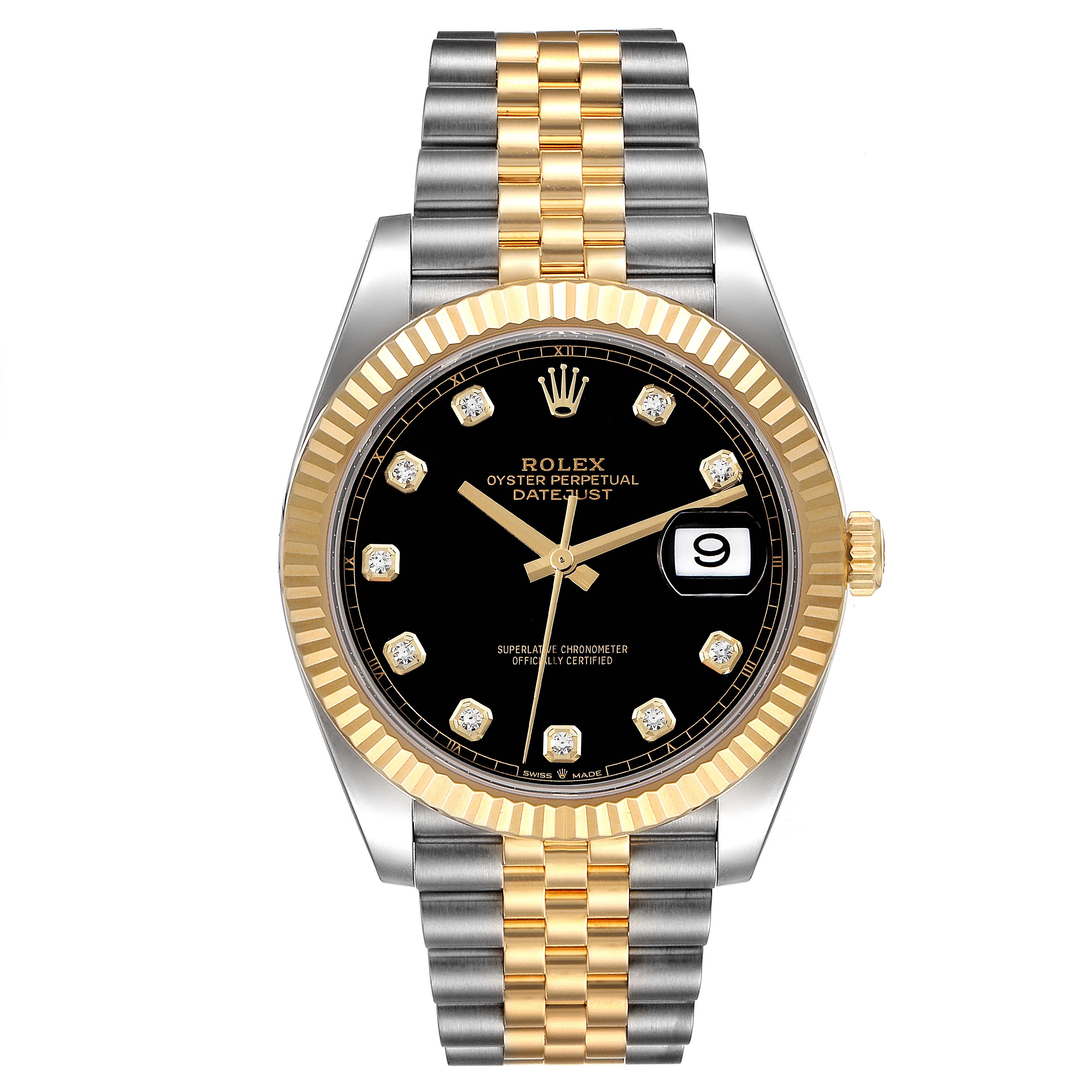 This is a front view of a Rolex Datejust 41 126333 Men's Steel and Gold (two tone) Black Dial 126333 Men's Steel and Gold (two tone) Black Dial watch showing the dial, bezel, and bracelet.