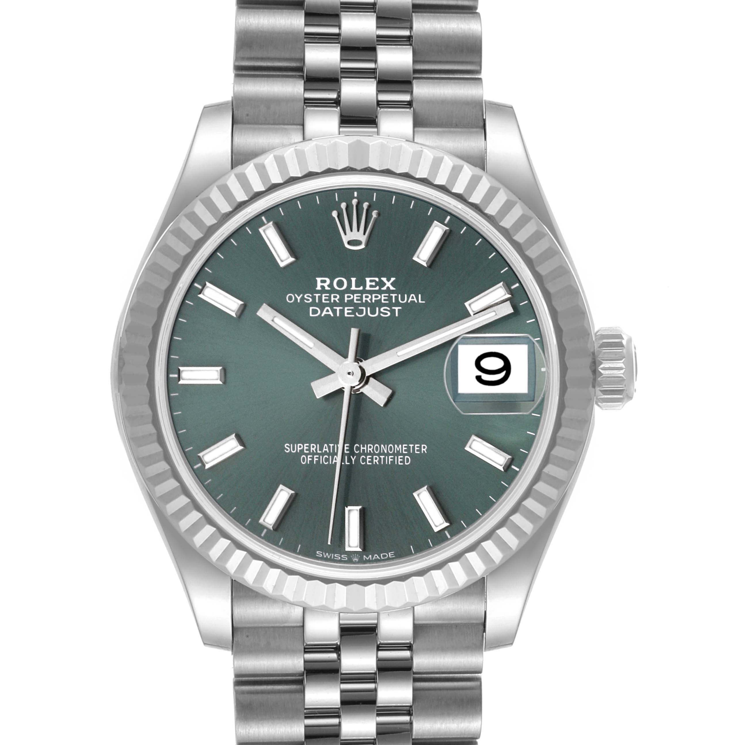 The image displays a front view of the Rolex Oyster Perpetual Datejust Mid-Size watch, showcasing the face, bezel, and bracelet.