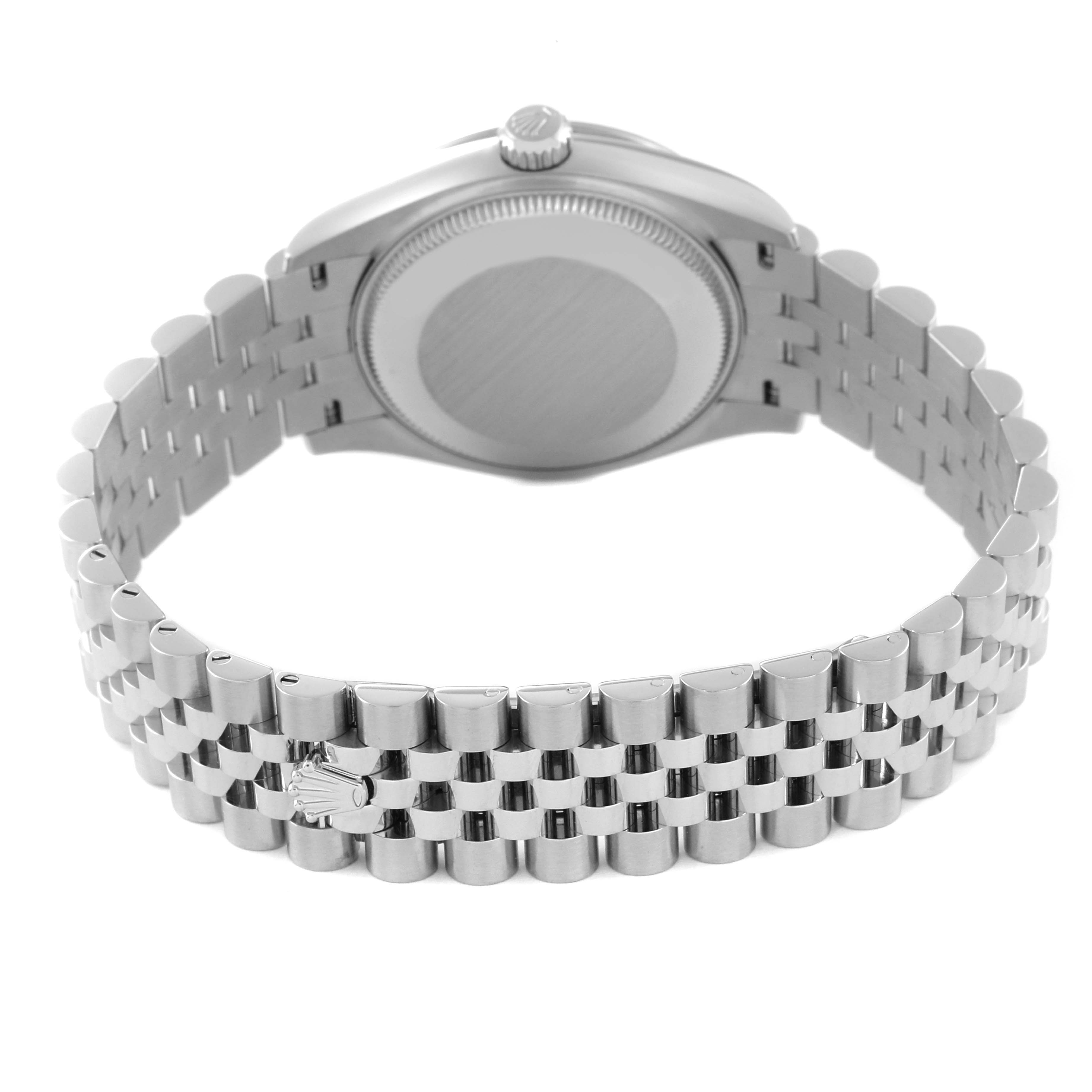 The image shows the back of a Rolex Mid-Size 278274 Women's Stainless Steel Green Dial 278274 Women's Stainless Steel Green Dial watch, including the case back and the bracelet.