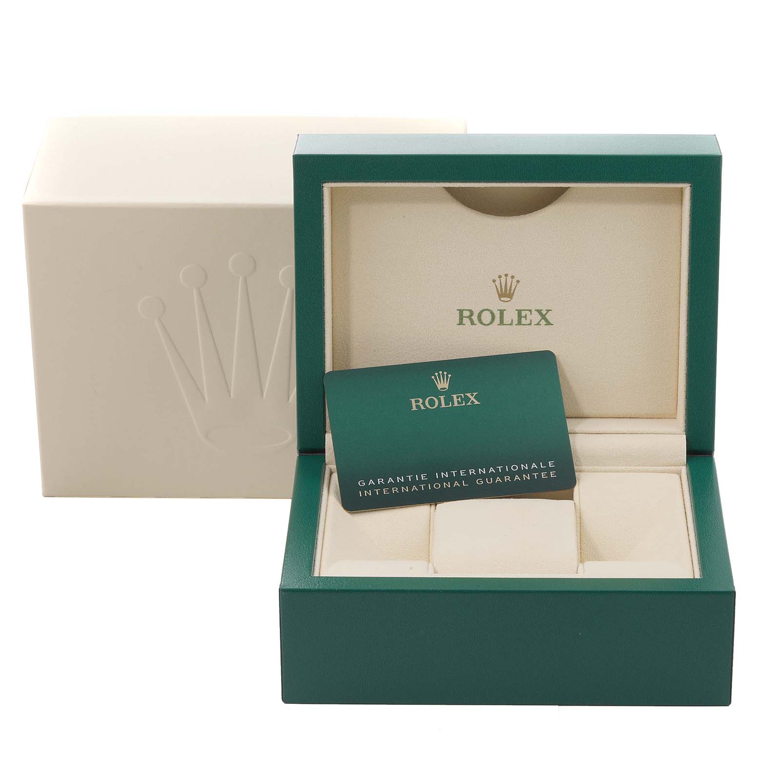 The image shows an open box and international guarantee card for a Rolex Mid-Size 278274 Women's Stainless Steel Green Dial 278274 Women's Stainless Steel Green Dial watch.