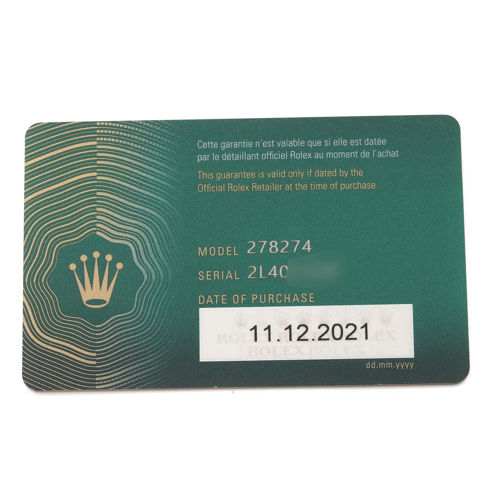 This image shows the guarantee card for a Rolex Mid-Size 278274 Women's Stainless Steel Green Dial 278274 Women's Stainless Steel Green Dial model, displaying the model number, serial number, and date of purchase.