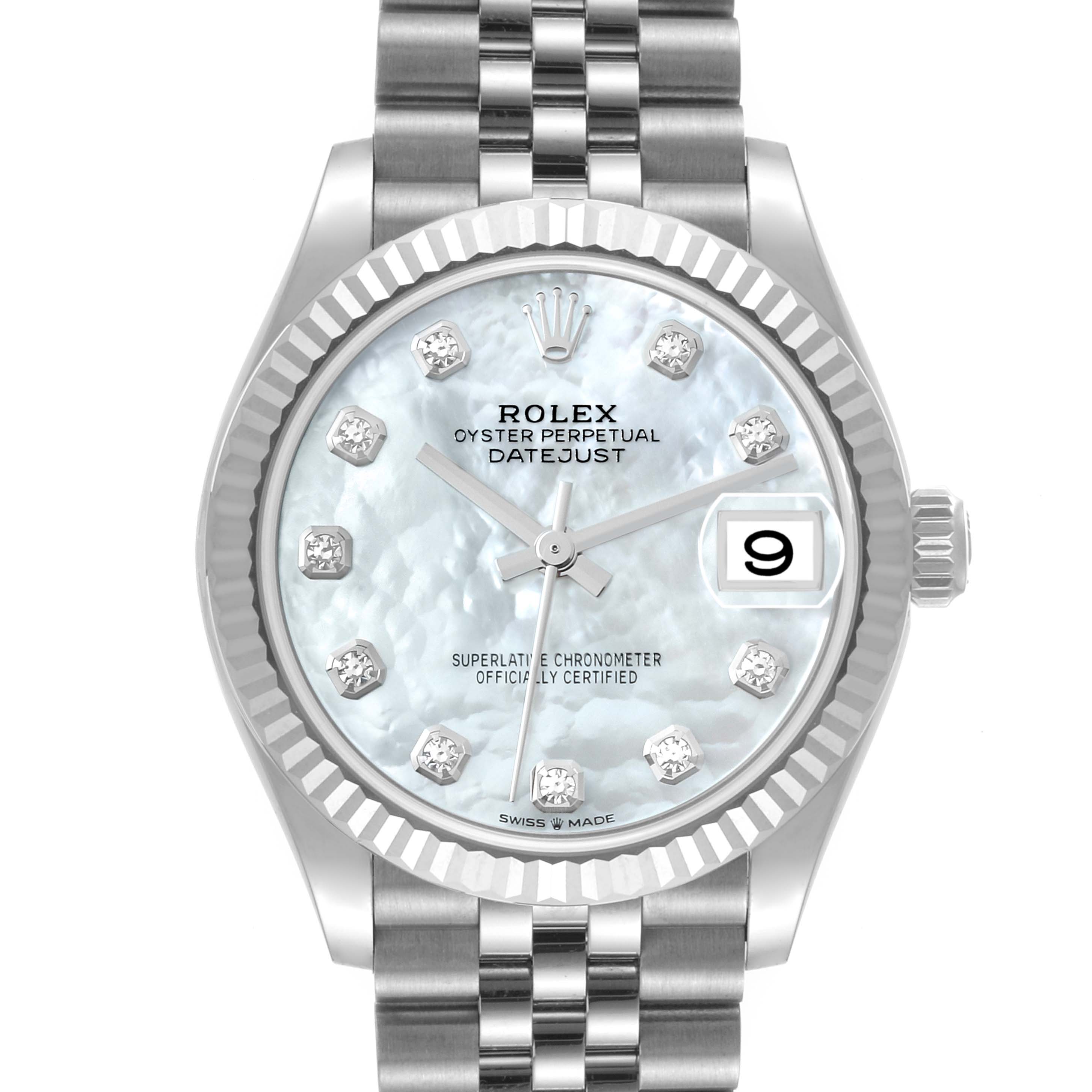 The image shows a frontal view of the Rolex Datejust Mid-Size watch, highlighting the dial, hands, crown, and part of the bracelet.
