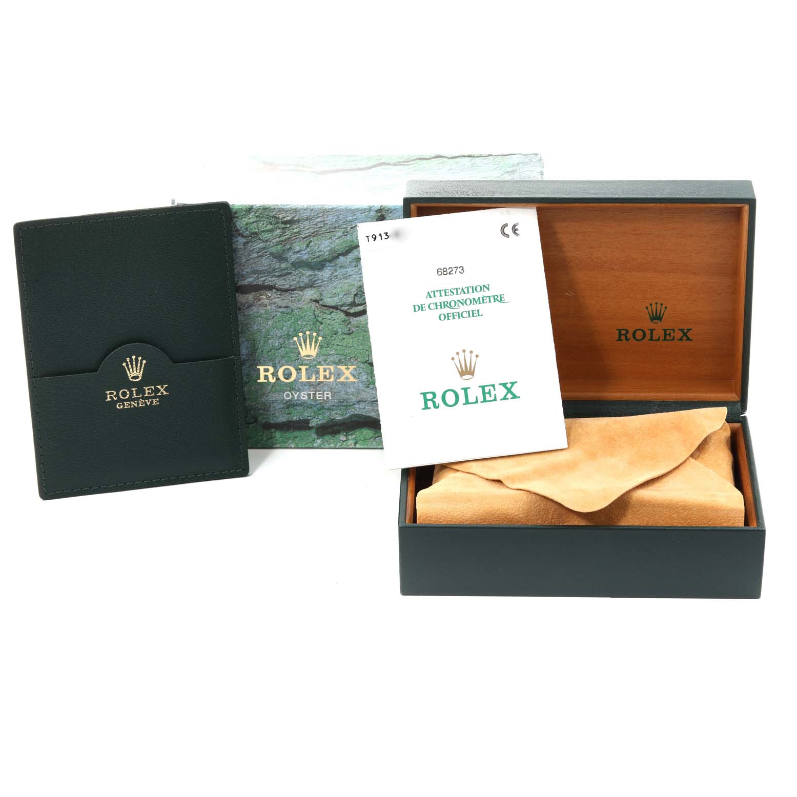 The image shows the accessories for a Rolex Mid-Size 68273 Women
s Steel and Gold (two tone) Champagne Dial 68273 Women
s Steel and Gold (two tone) Champagne Dial model, including the box, warranty card, manual, and a pouch.
