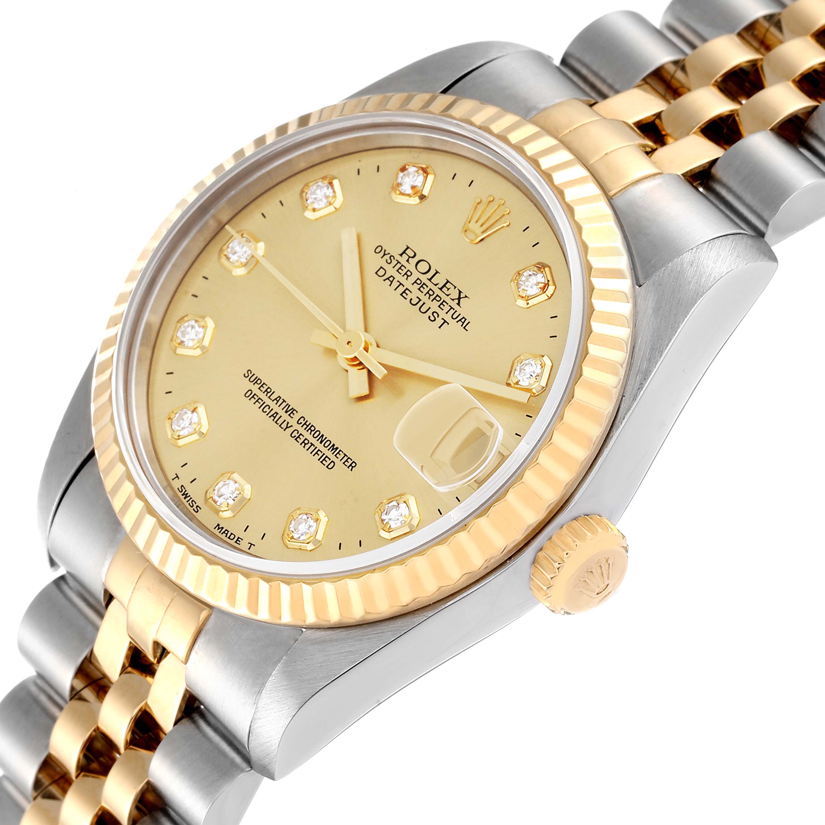 The image shows a close-up angle of a Rolex Mid-Size 68273 Women
s Steel and Gold (two tone) Champagne Dial 68273 Women
s Steel and Gold (two tone) Champagne Dial Oyster Perpetual Datejust watch, focusing on the dial, fluted bezel, and part of the bracelet.