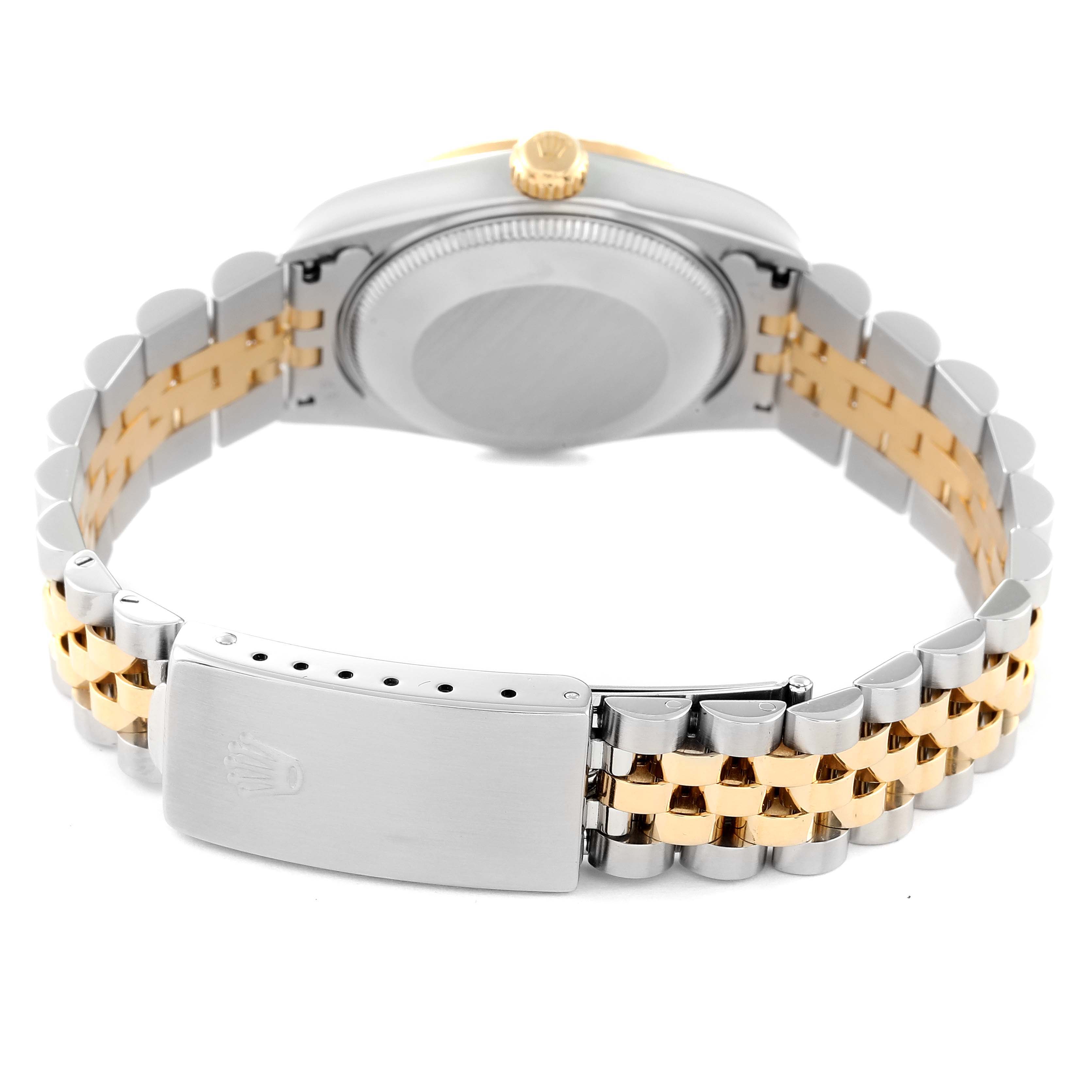 The image shows the backside of a Mid-Size Rolex watch, highlighting the clasp, bracelet, and case back.