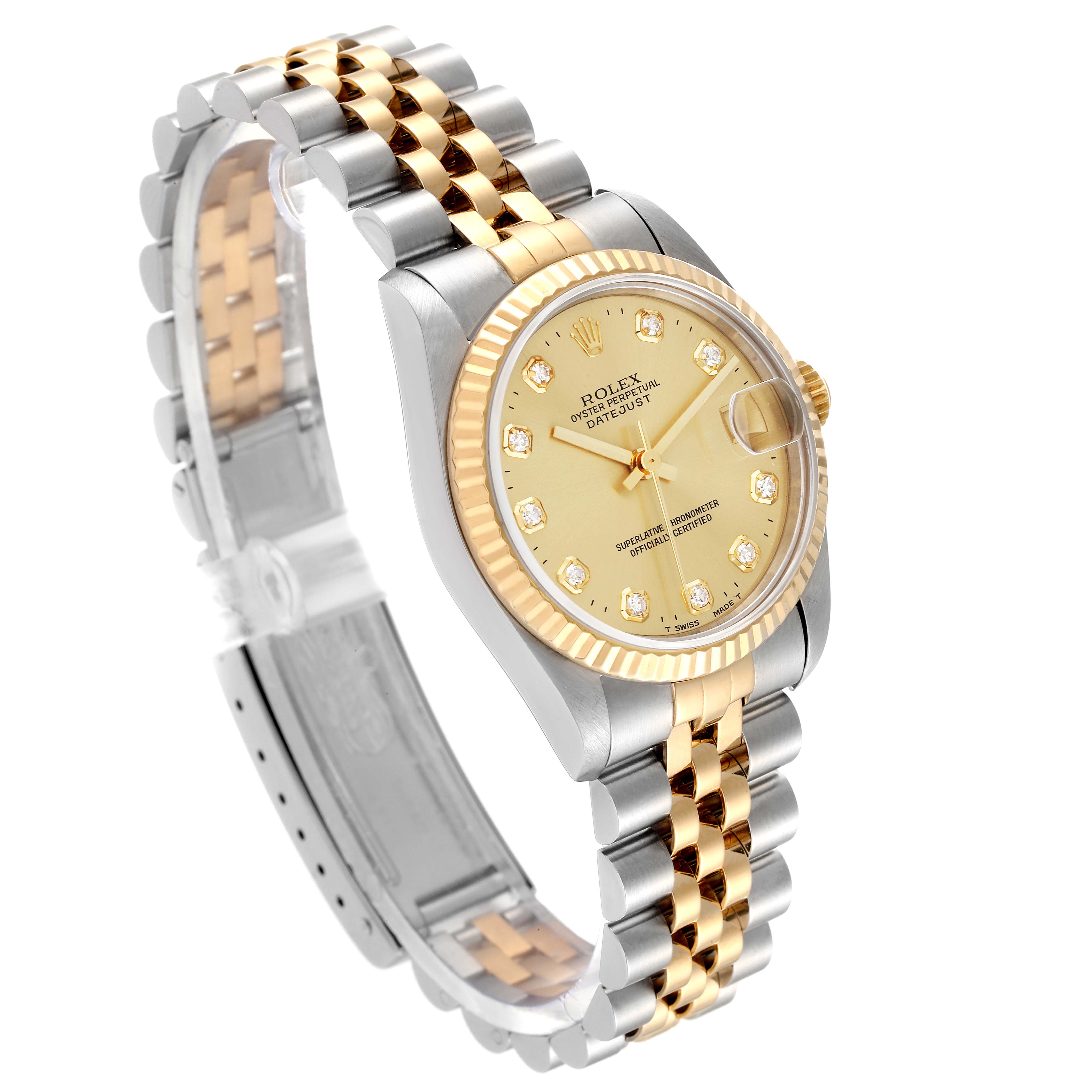 The image shows a Rolex Mid-Size 68273 Women
s Steel and Gold (two tone) Champagne Dial 68273 Women
s Steel and Gold (two tone) Champagne Dial watch at a three-quarter angle featuring its dial, bezel, and two-tone bracelet.
