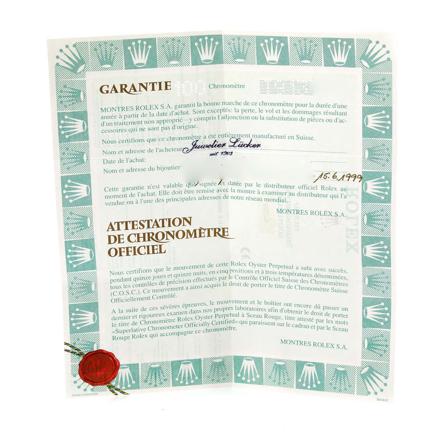 This image shows a Rolex warranty certificate for a Mid-Size model, featuring the brand
s logo, text, and a red seal.