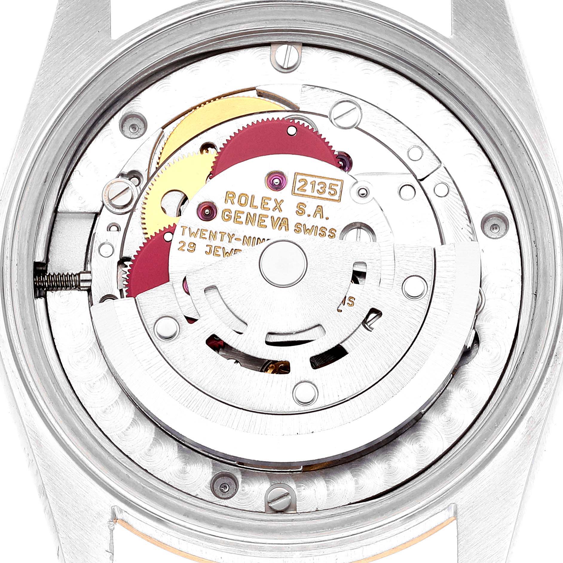 This image shows the internal mechanical movement of a Mid-Size Rolex watch, viewed from the back case.
