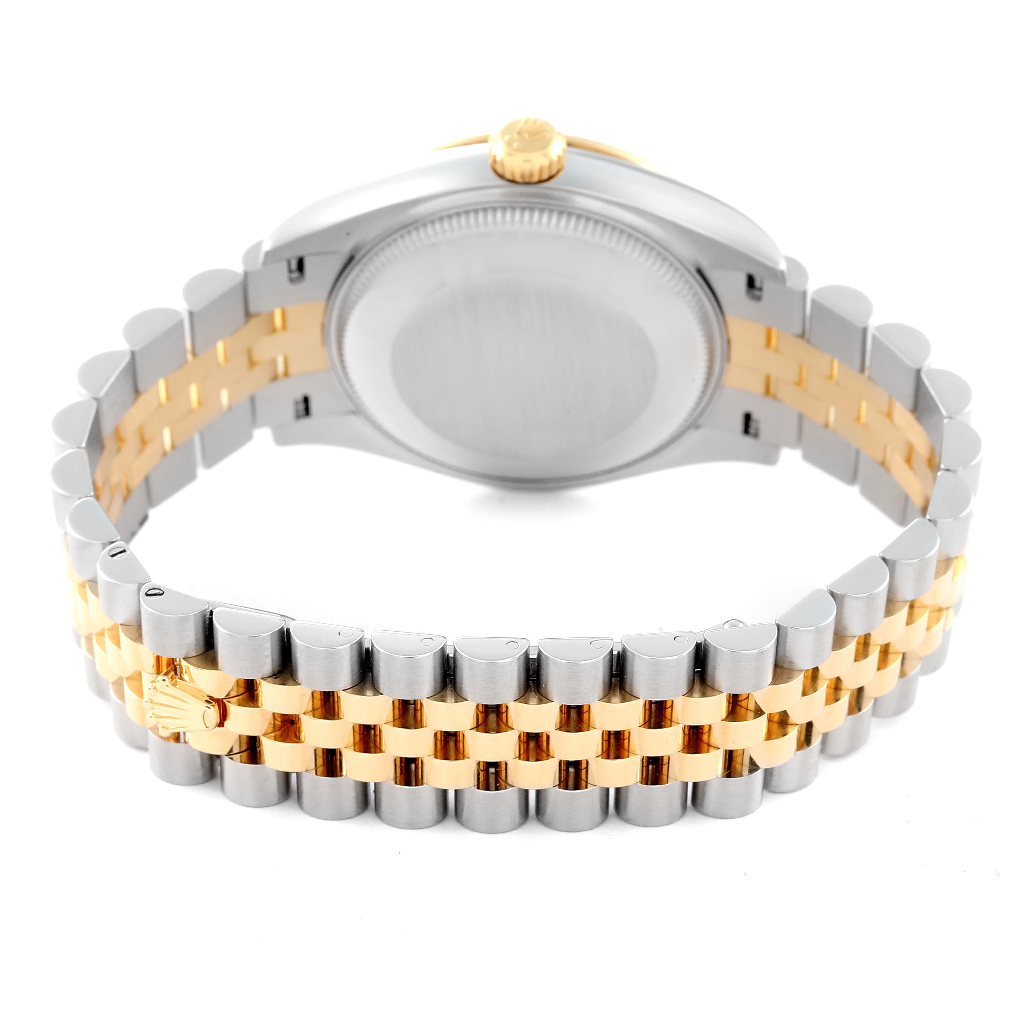The image shows the back view of a Mid-Size Rolex watch, highlighting its two-tone bracelet and clasp.