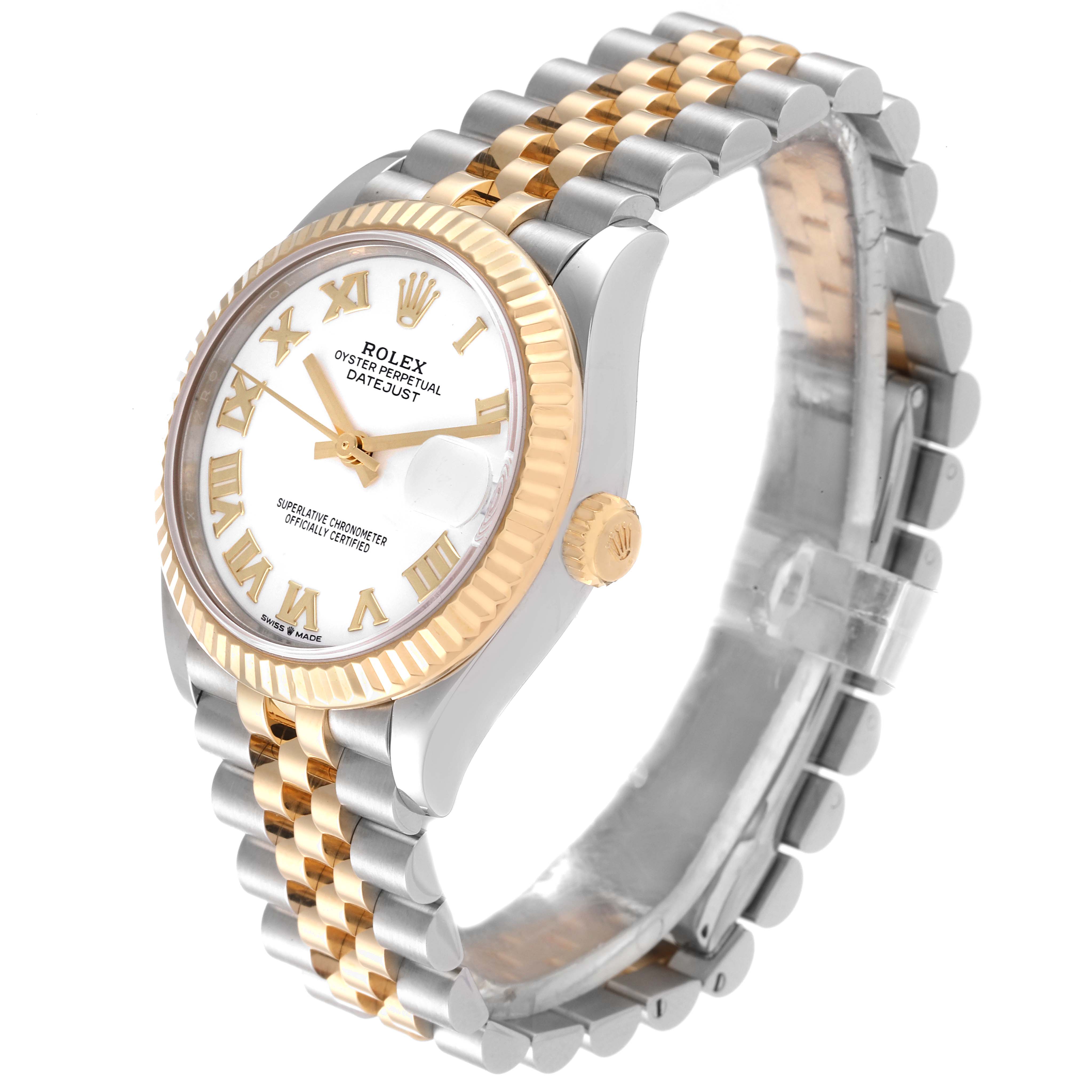 The image shows a Rolex Mid-Size 278273 Women's Steel and Gold (two tone) White Dial 278273 Women's Steel and Gold (two tone) White Dial Datejust watch at a three-quarter angle, highlighting its face, bezel, crown, and two-tone bracelet.