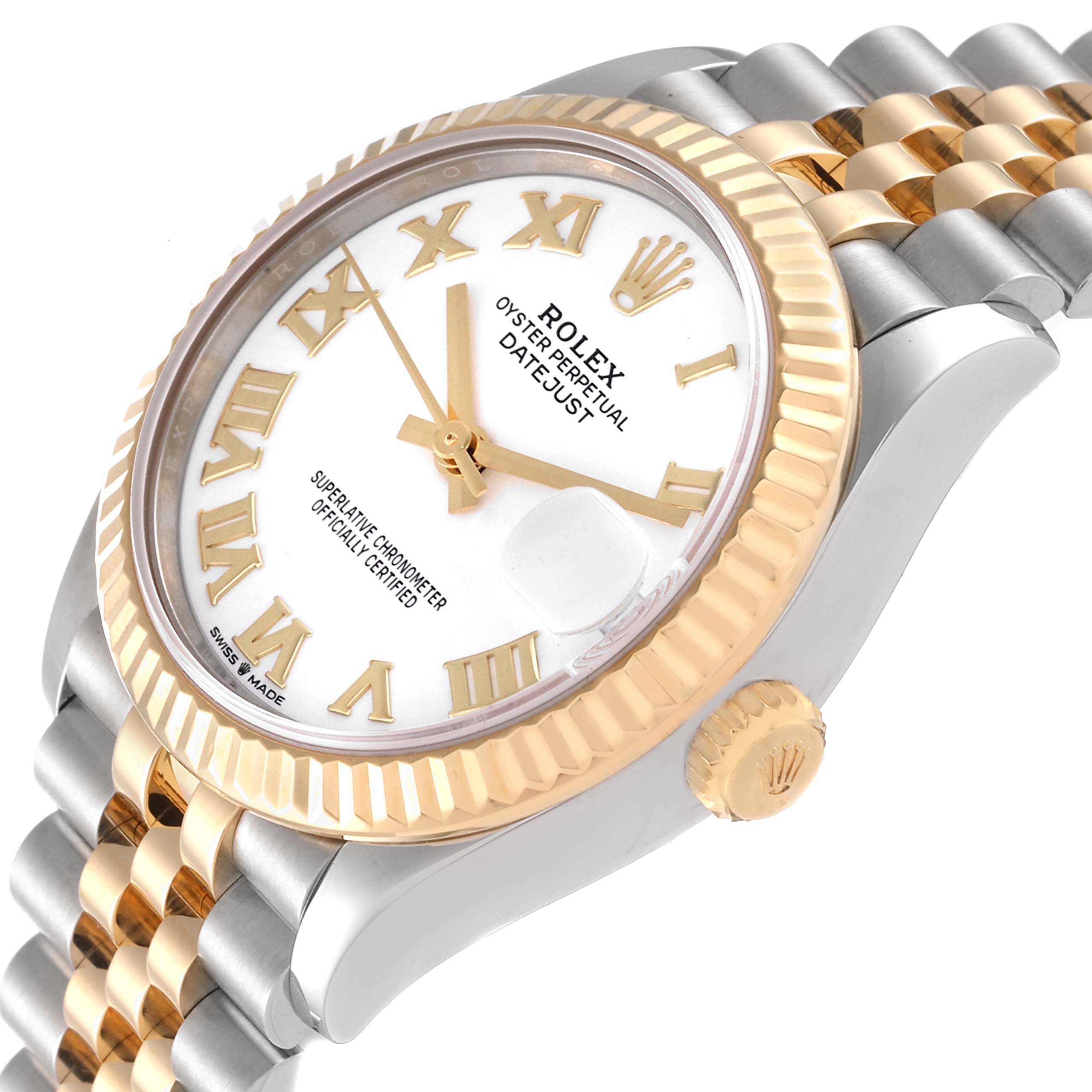 This image shows a Rolex Mid-Size 278273 Women's Steel and Gold (two tone) White Dial 278273 Women's Steel and Gold (two tone) White Dial Oyster Perpetual Datejust watch angled to reveal the face, bezel, crown, and part of the bracelet.