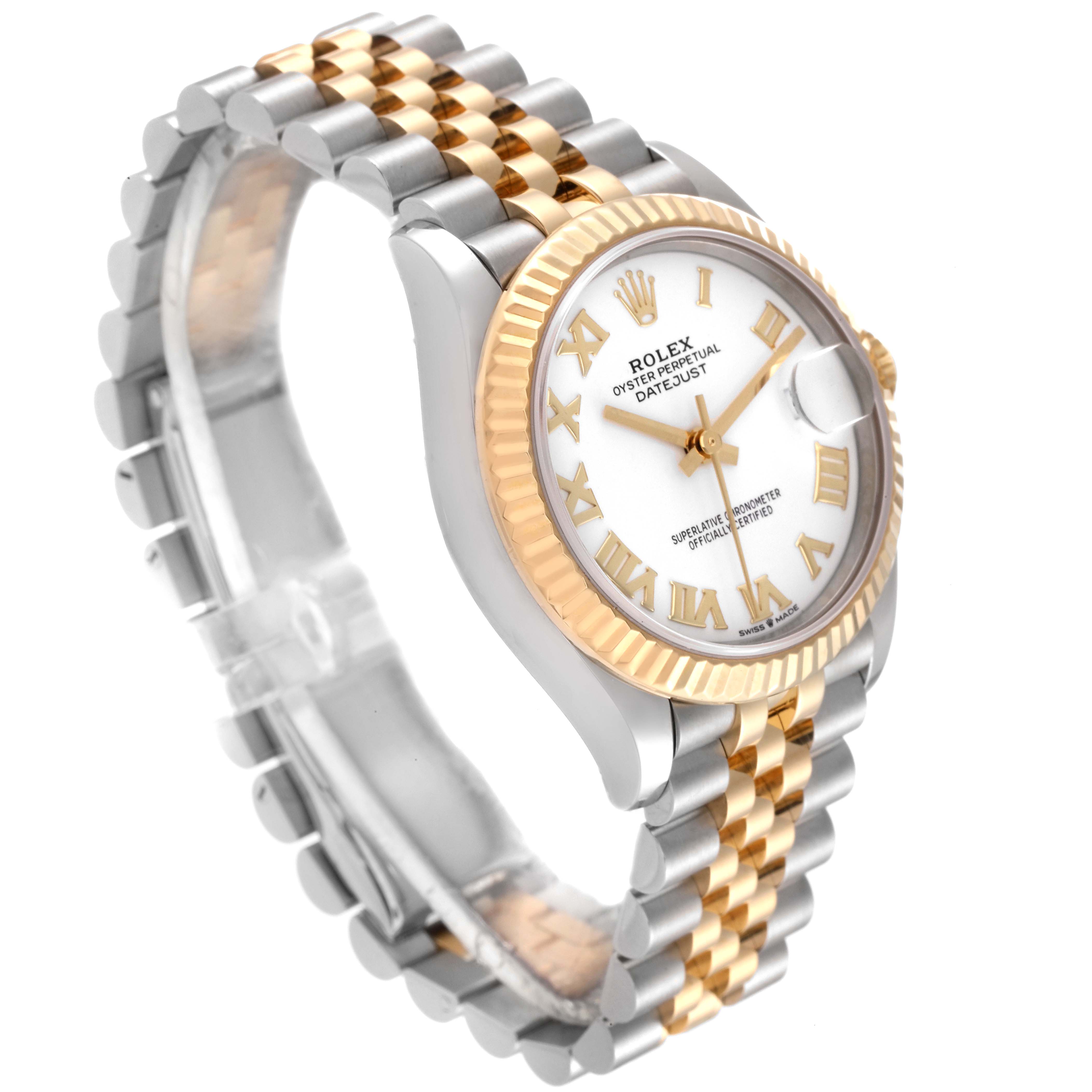 The image shows a side angle of the Rolex Mid-Size 278273 Women's Steel and Gold (two tone) White Dial 278273 Women's Steel and Gold (two tone) White Dial Datejust, featuring its fluted bezel, two-tone bracelet, and white dial with Roman numerals.