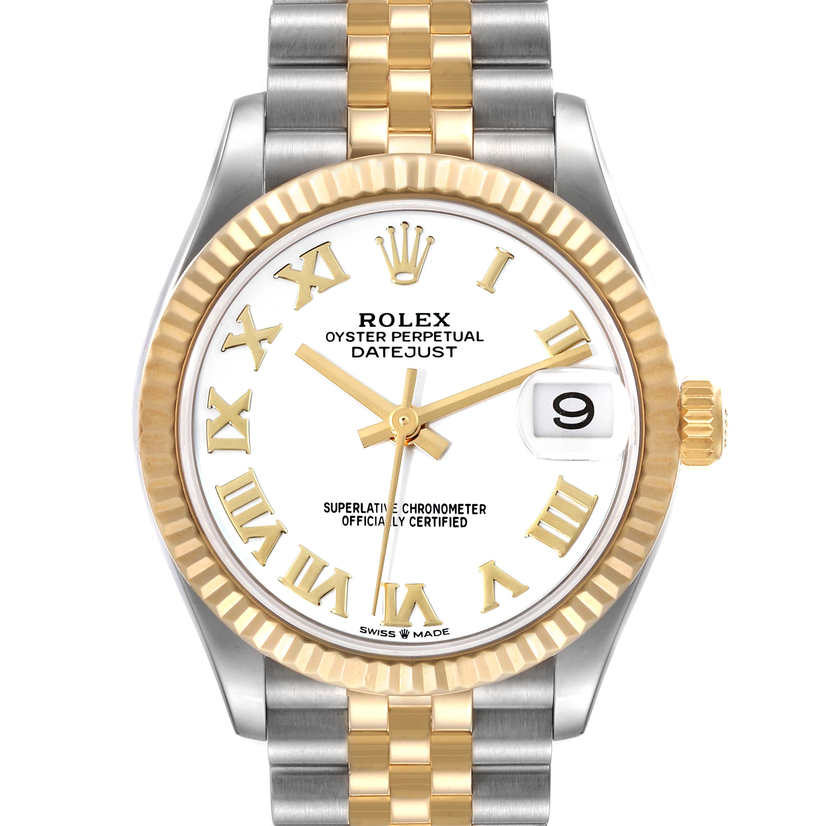 This Rolex Mid-Size 278273 Women's Steel and Gold (two tone) White Dial 278273 Women's Steel and Gold (two tone) White Dial Datejust watch is shown from a front angle, displaying its face, bezel, and bracelet.