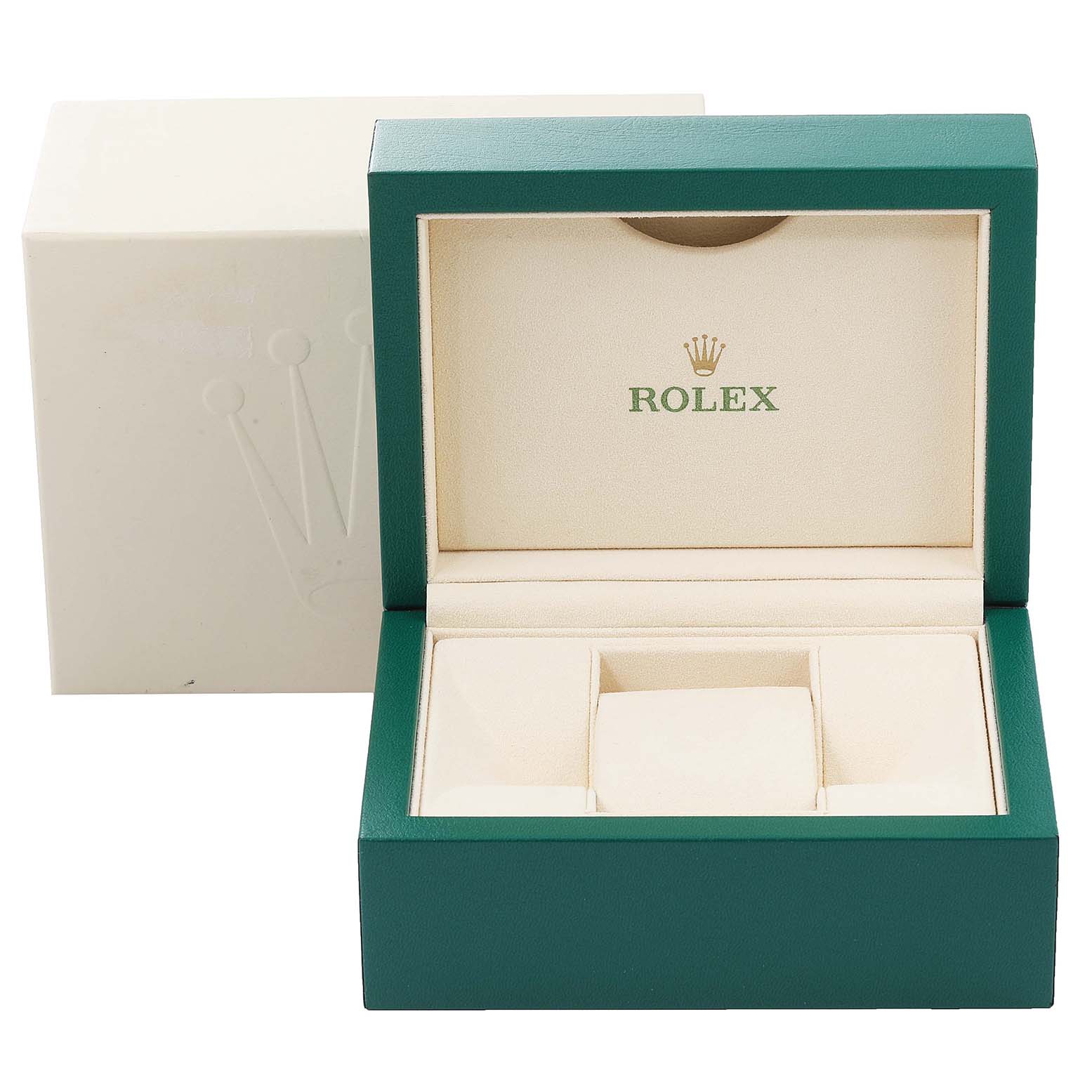 This image shows an open Rolex Datejust 179174 Women's Stainless Steel White Dial 179174 Women's Stainless Steel White Dial watch box from a front angle, displaying the inner cushion and compartments.
