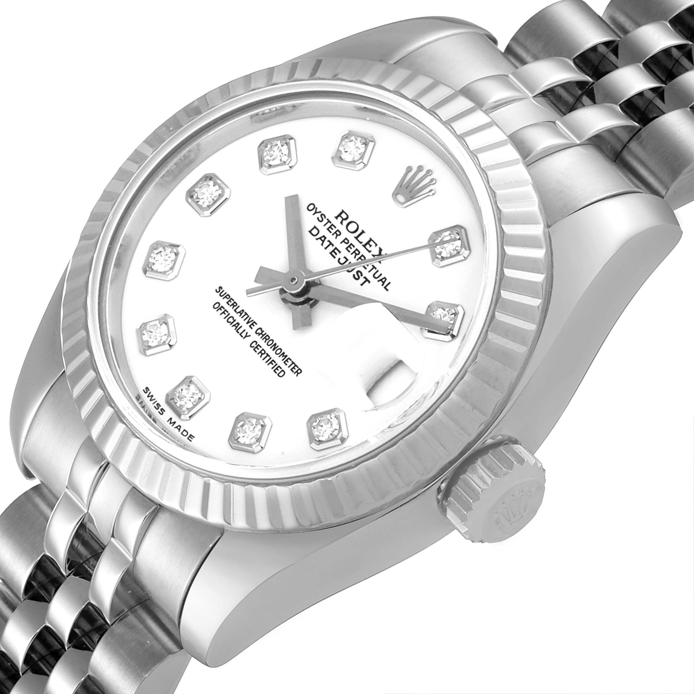 This image shows a close-up angle of the Rolex Datejust 179174 Women's Stainless Steel White Dial 179174 Women's Stainless Steel White Dial watch face, bezel, crown, and part of the bracelet.