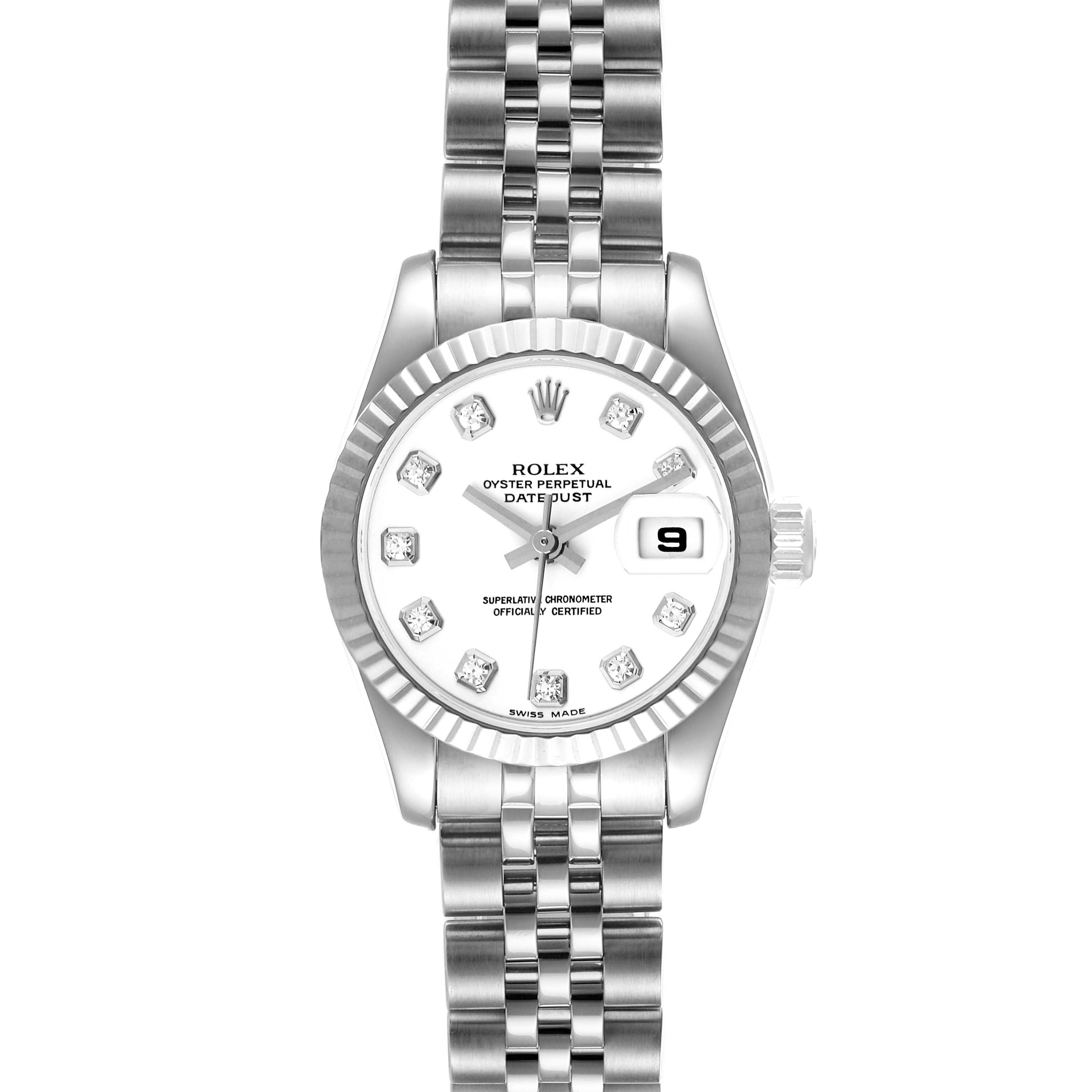 The image shows a Rolex Datejust 179174 Women's Stainless Steel White Dial 179174 Women's Stainless Steel White Dial watch from the front, displaying its face, bezel, and bracelet.