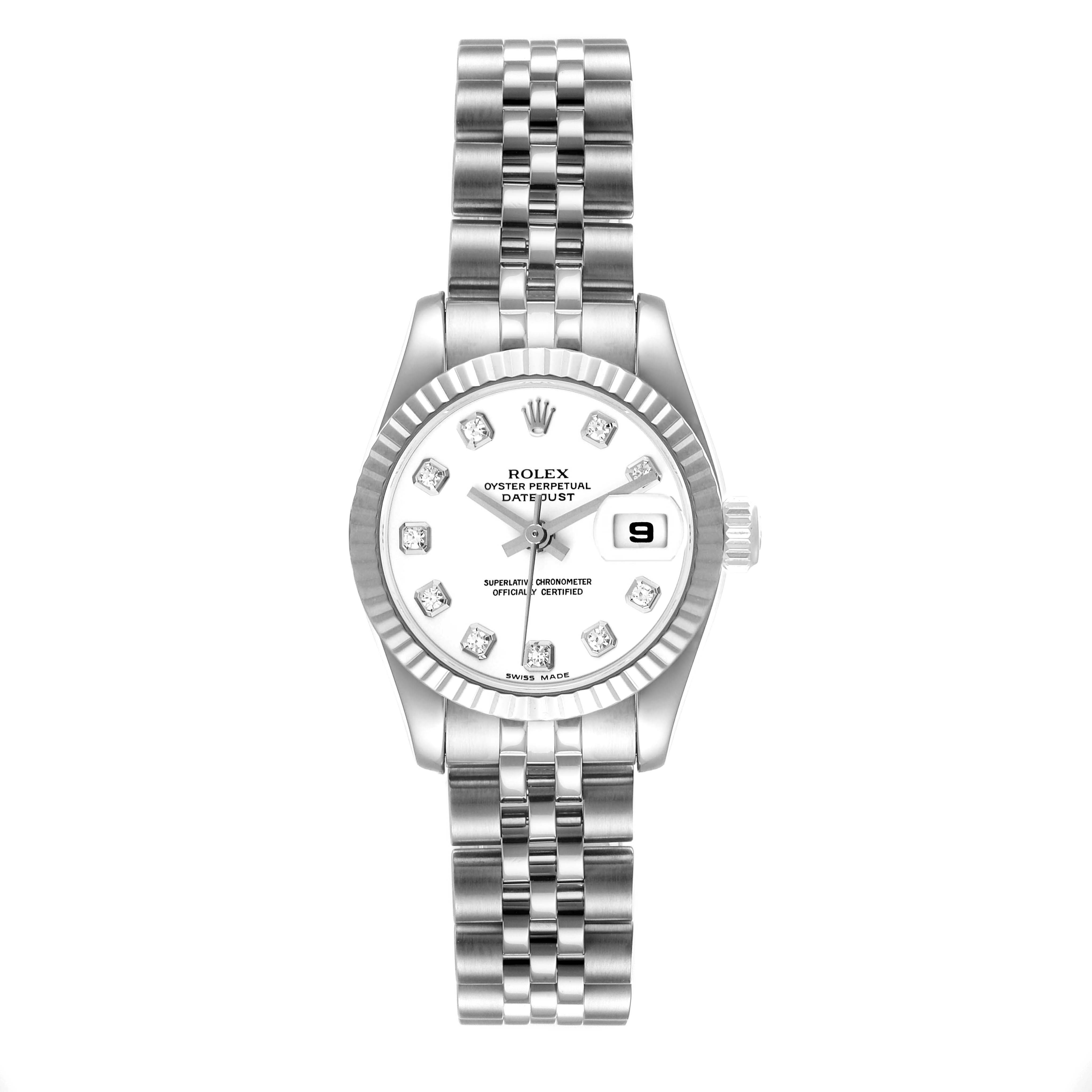 The image shows a front view of a Rolex Datejust 179174 Women's Stainless Steel White Dial 179174 Women's Stainless Steel White Dial watch, highlighting its dial, fluted bezel, and Jubilee bracelet.