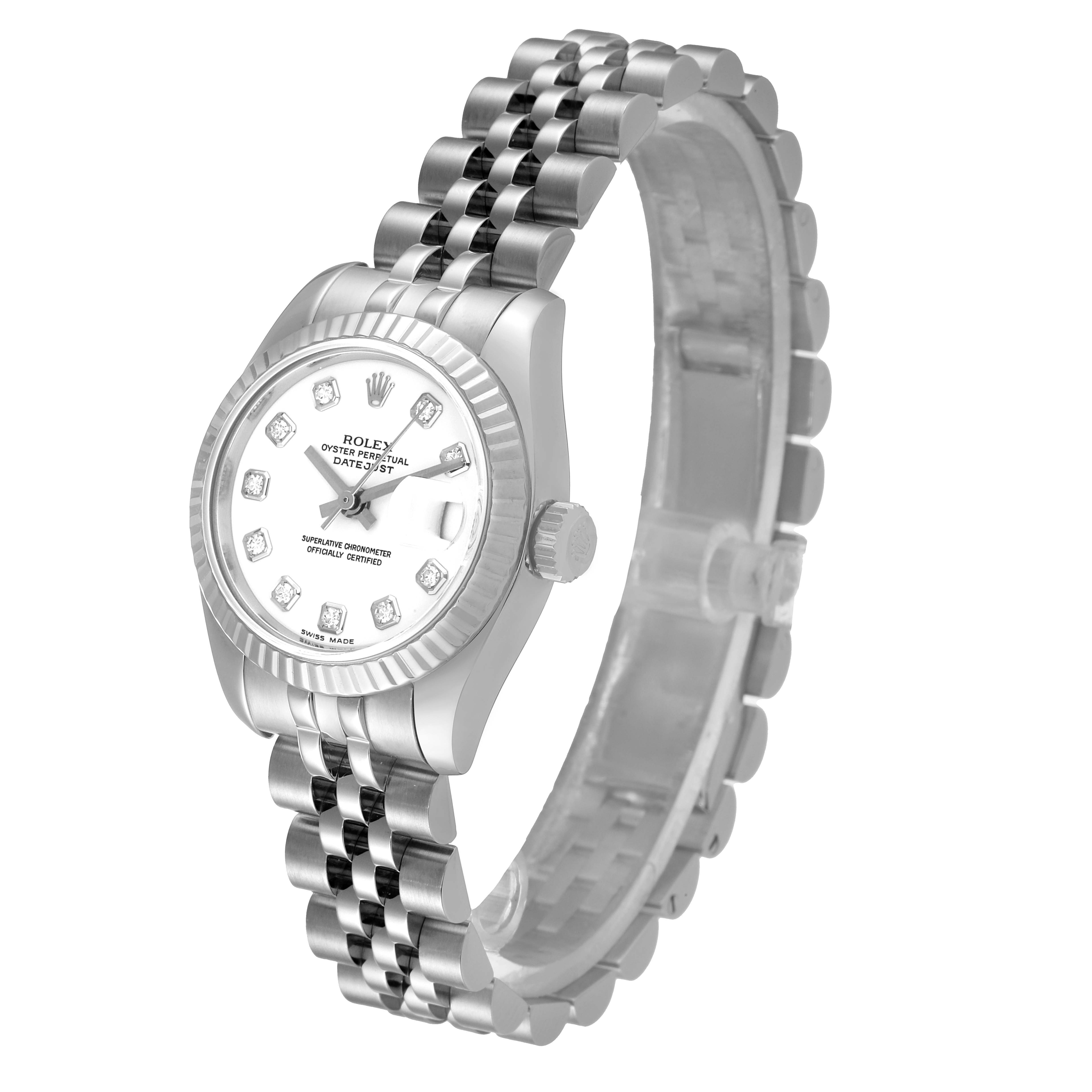 The Rolex Datejust 179174 Women's Stainless Steel White Dial 179174 Women's Stainless Steel White Dial watch is shown in a side angle, displaying the face, bezel, crown, and bracelet clearly.