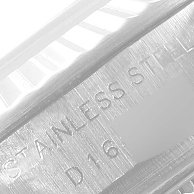 The image shows a close-up of the stainless steel part of a Rolex Datejust 179174 Women's Stainless Steel White Dial 179174 Women's Stainless Steel White Dial watch, with partial text visible.
