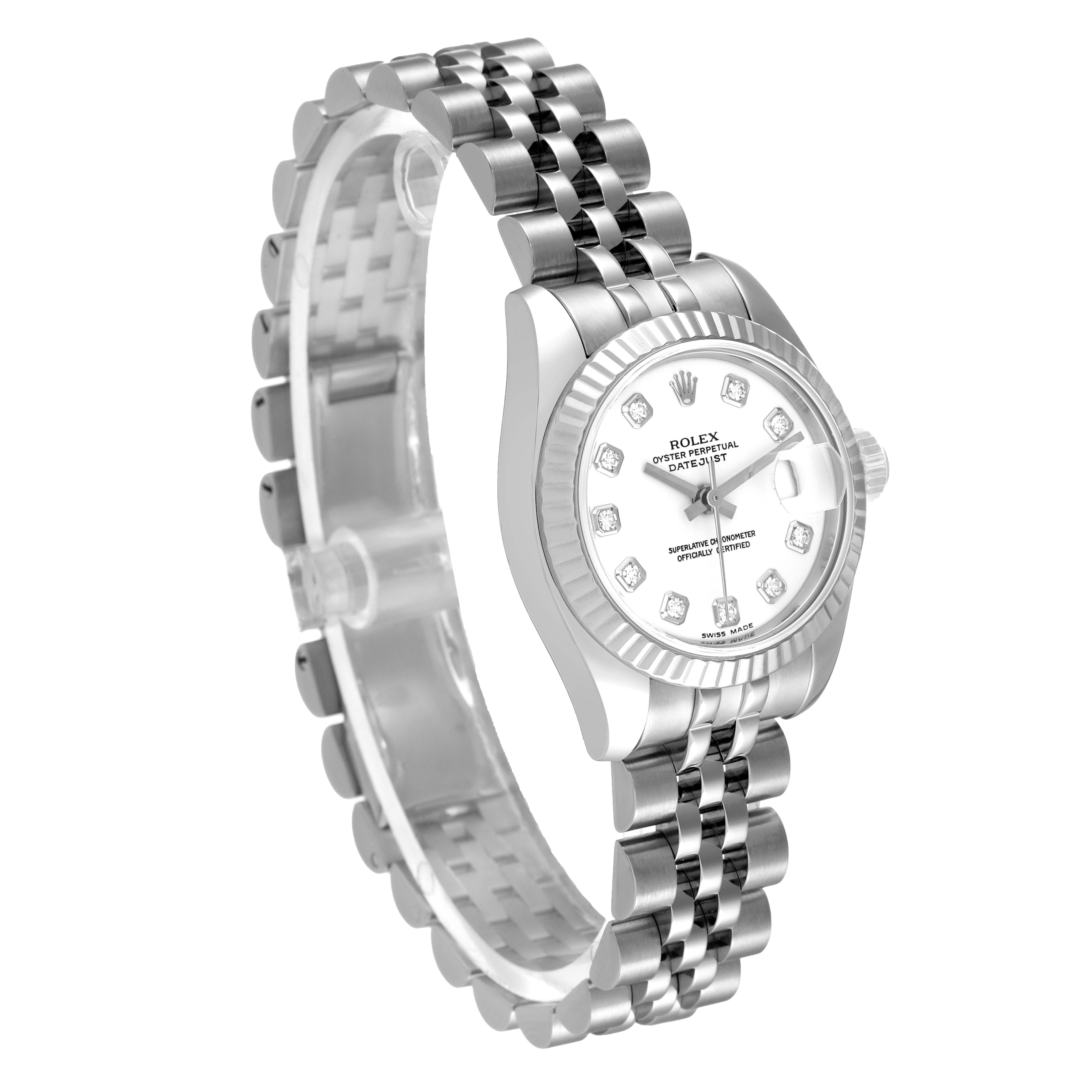 The image shows a Rolex Datejust 179174 Women's Stainless Steel White Dial 179174 Women's Stainless Steel White Dial watch at an angled view, highlighting its face, bezel, and bracelet.