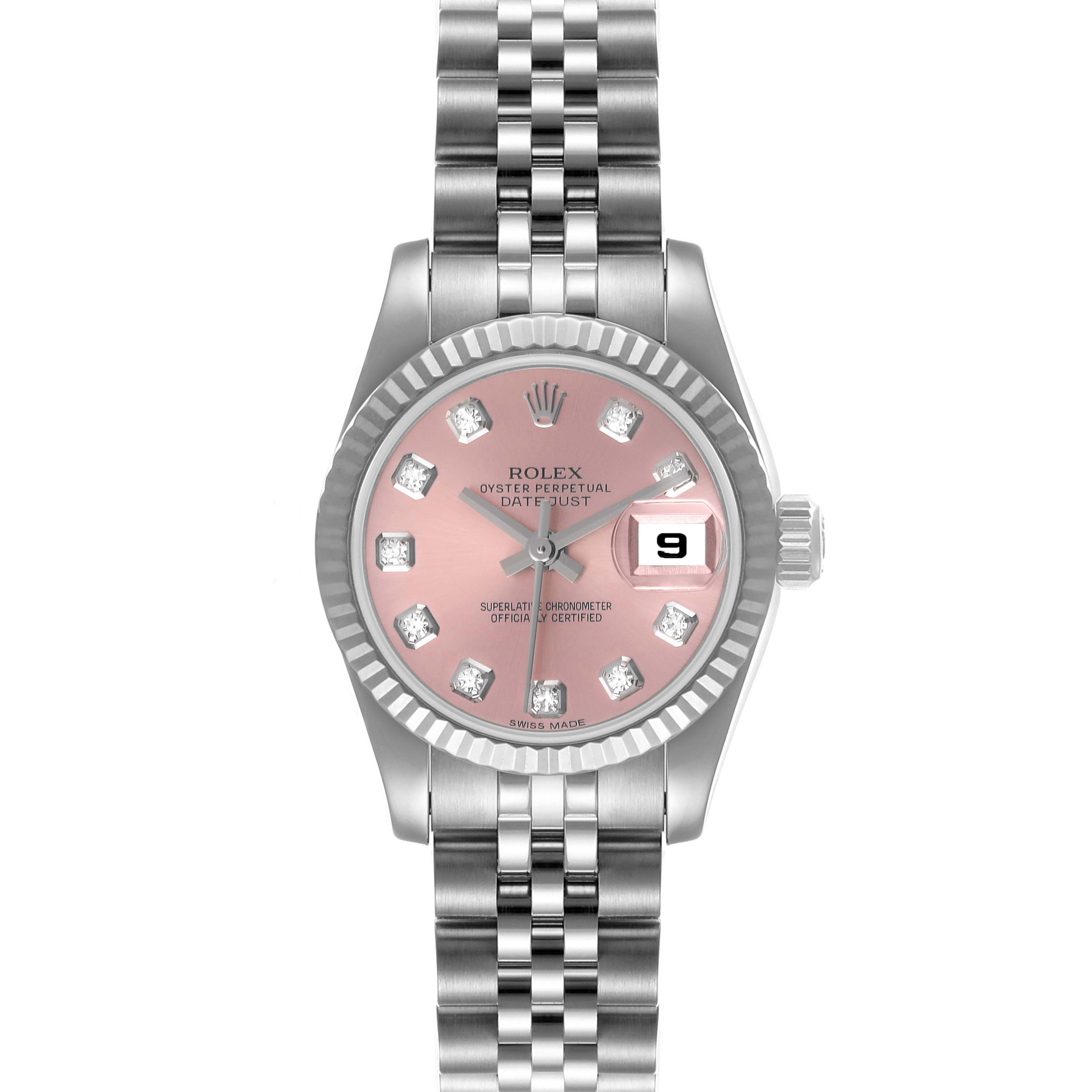 The image shows a frontal view of a Rolex Datejust 179174 Women's Stainless Steel Pink Dial 179174 Women's Stainless Steel Pink Dial watch, highlighting its pink dial, date window, and metal bracelet.