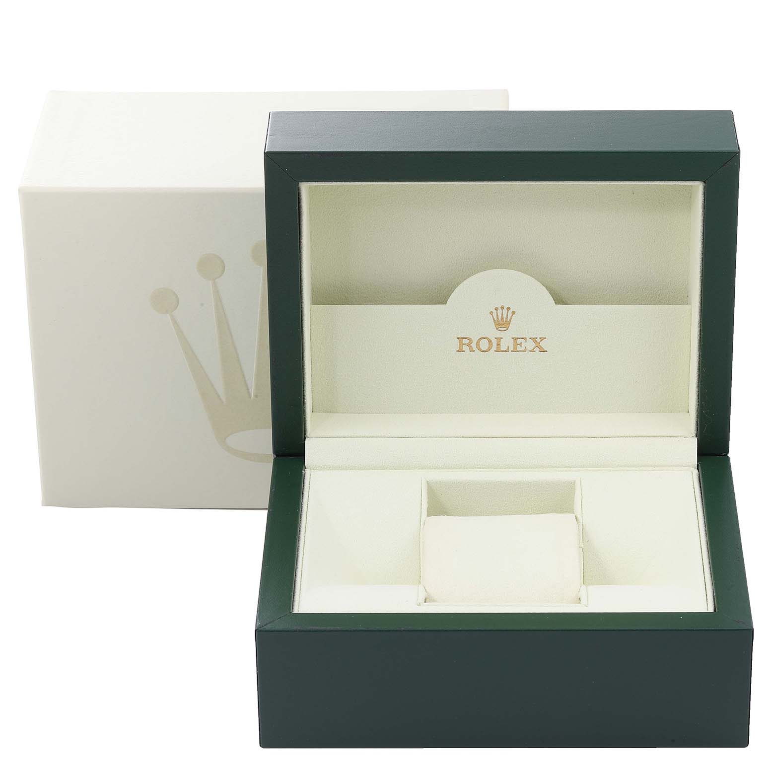 The image shows an open green-and-white box for a Rolex Datejust 179174 Women's Stainless Steel Pink Dial 179174 Women's Stainless Steel Pink Dial watch, with the inner cushion and compartments visible.