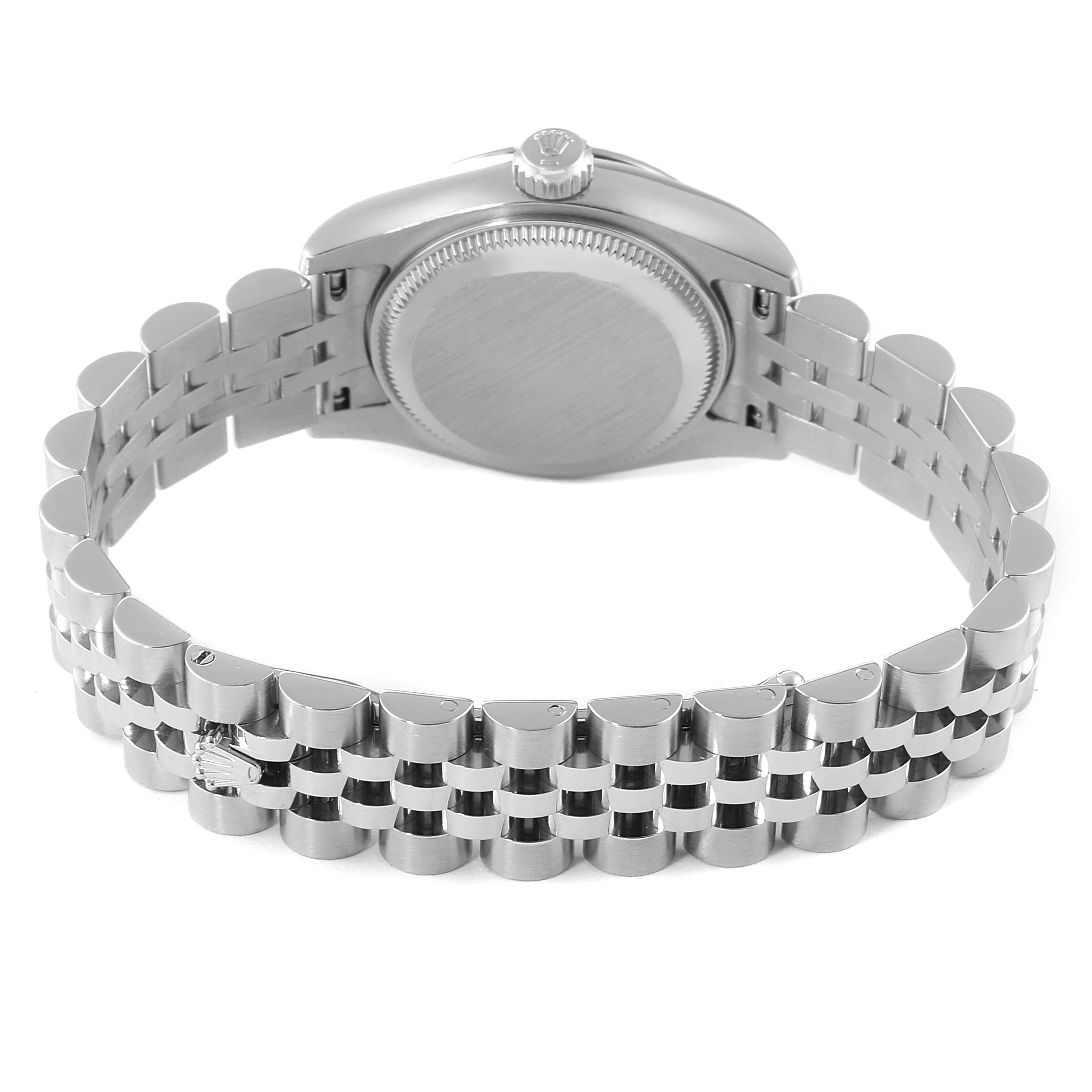 This image shows the back view of the Rolex Datejust 179174 Women's Stainless Steel Pink Dial 179174 Women's Stainless Steel Pink Dial watch and its bracelet.