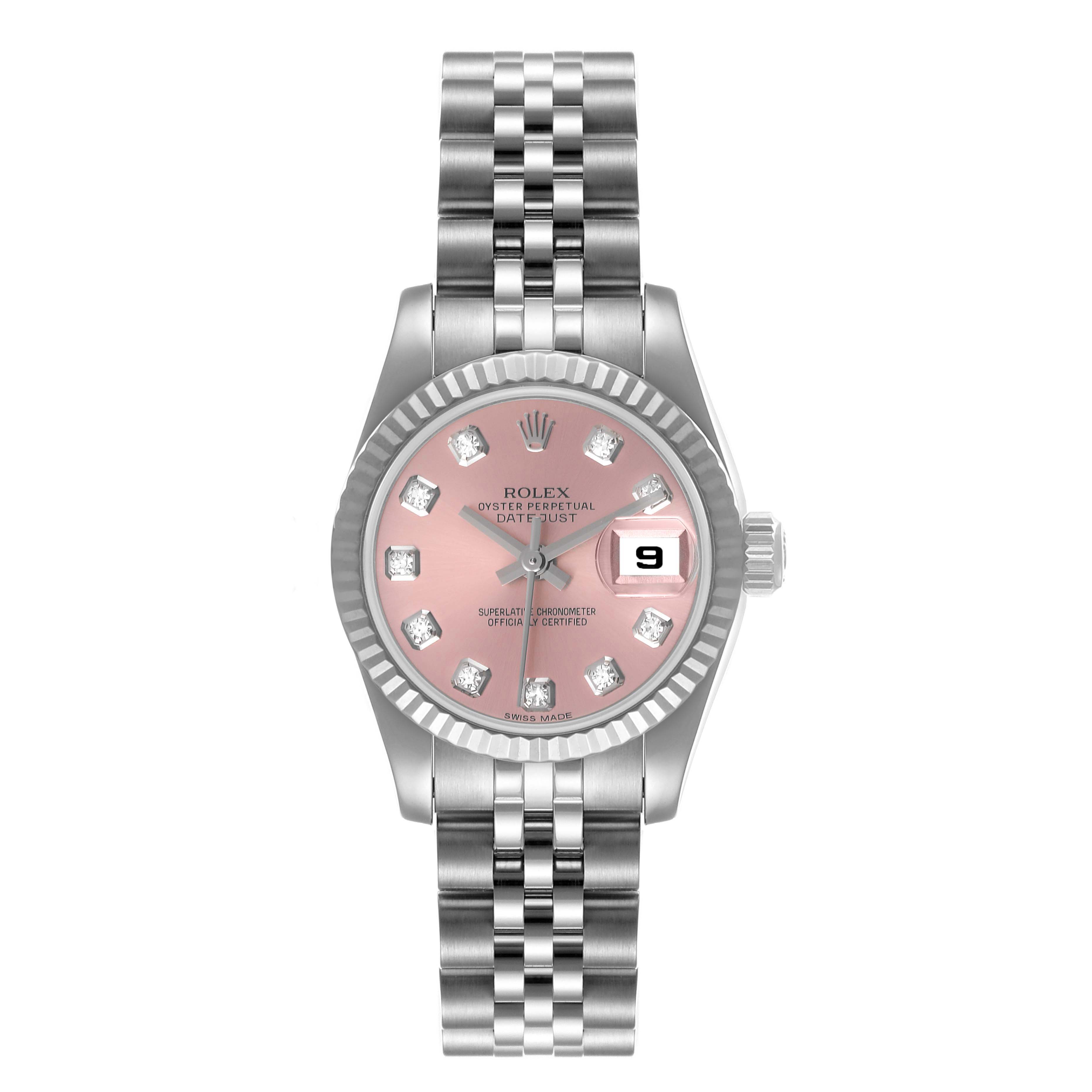 The image shows the Rolex Datejust 179174 Women's Stainless Steel Pink Dial 179174 Women's Stainless Steel Pink Dial watch from a front angle, displaying its pink dial, date window, and Jubilee bracelet.
