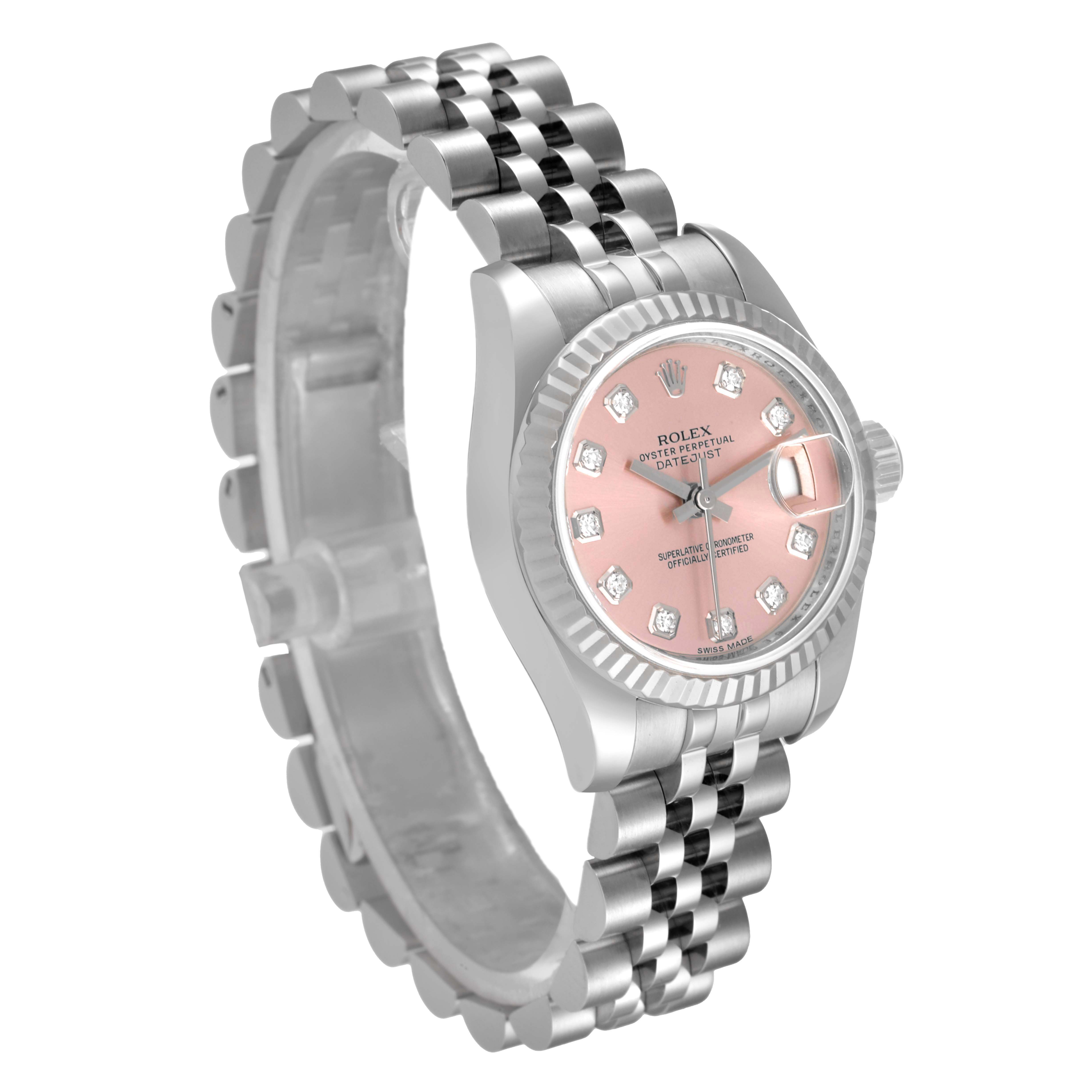 This image displays a Rolex Datejust 179174 Women's Stainless Steel Pink Dial 179174 Women's Stainless Steel Pink Dial model watch at a three-quarter angle, highlighting its pink dial, diamond hour markers, and Jubilee bracelet.