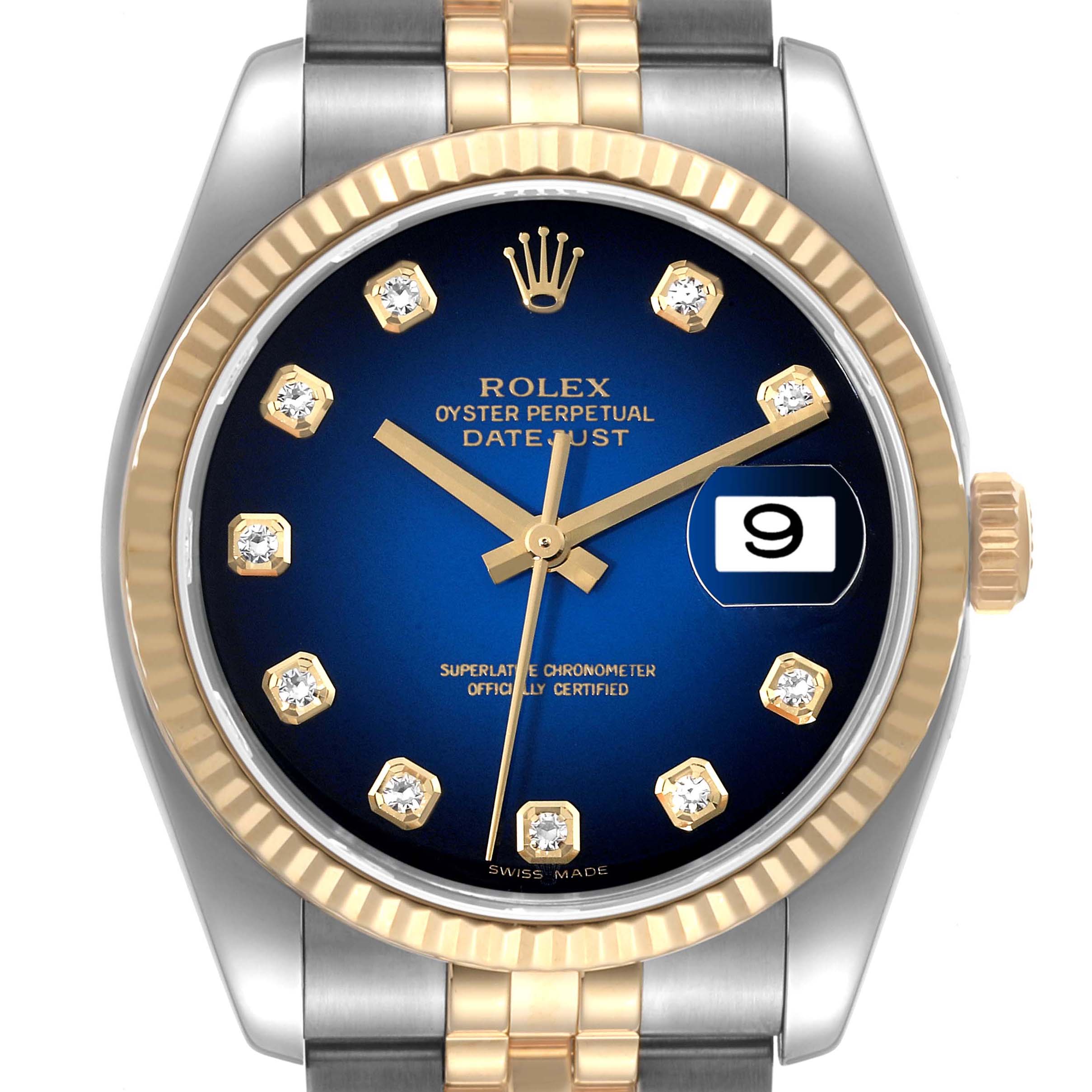 The image shows a front view of the Rolex Datejust 116233 Men's Steel and Gold (two tone) Blue Dial 116233 Men's Steel and Gold (two tone) Blue Dial watch, displaying its face, dial, bezel, and part of the bracelet.