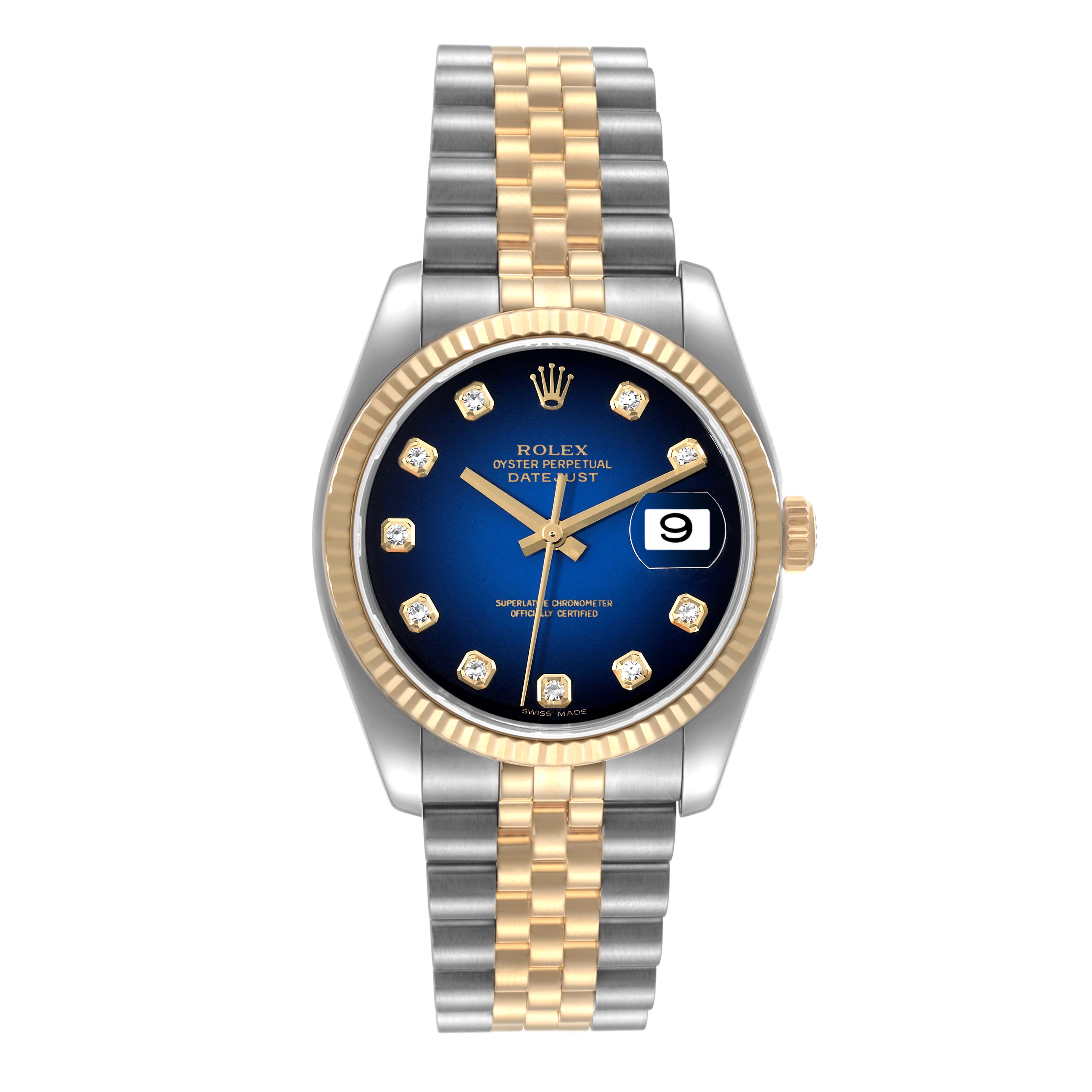 The Rolex Datejust 116233 Men's Steel and Gold (two tone) Blue Dial 116233 Men's Steel and Gold (two tone) Blue Dial watch is shown from a front angle, displaying the dial, bezel, and bracelet.