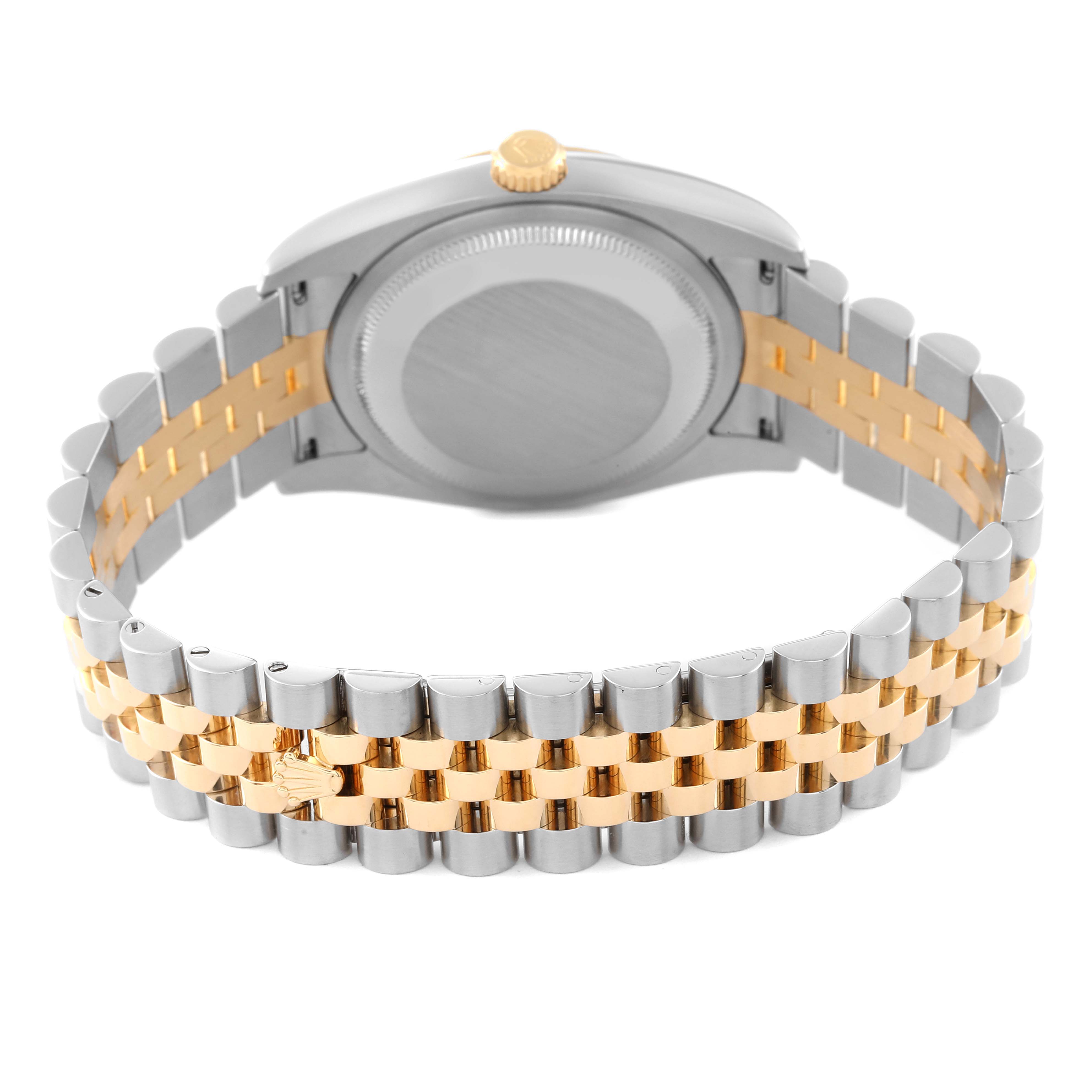 This image shows the back view of a Rolex Datejust 116233 Men's Steel and Gold (two tone) Blue Dial 116233 Men's Steel and Gold (two tone) Blue Dial watch, highlighting its case and two-tone bracelet.