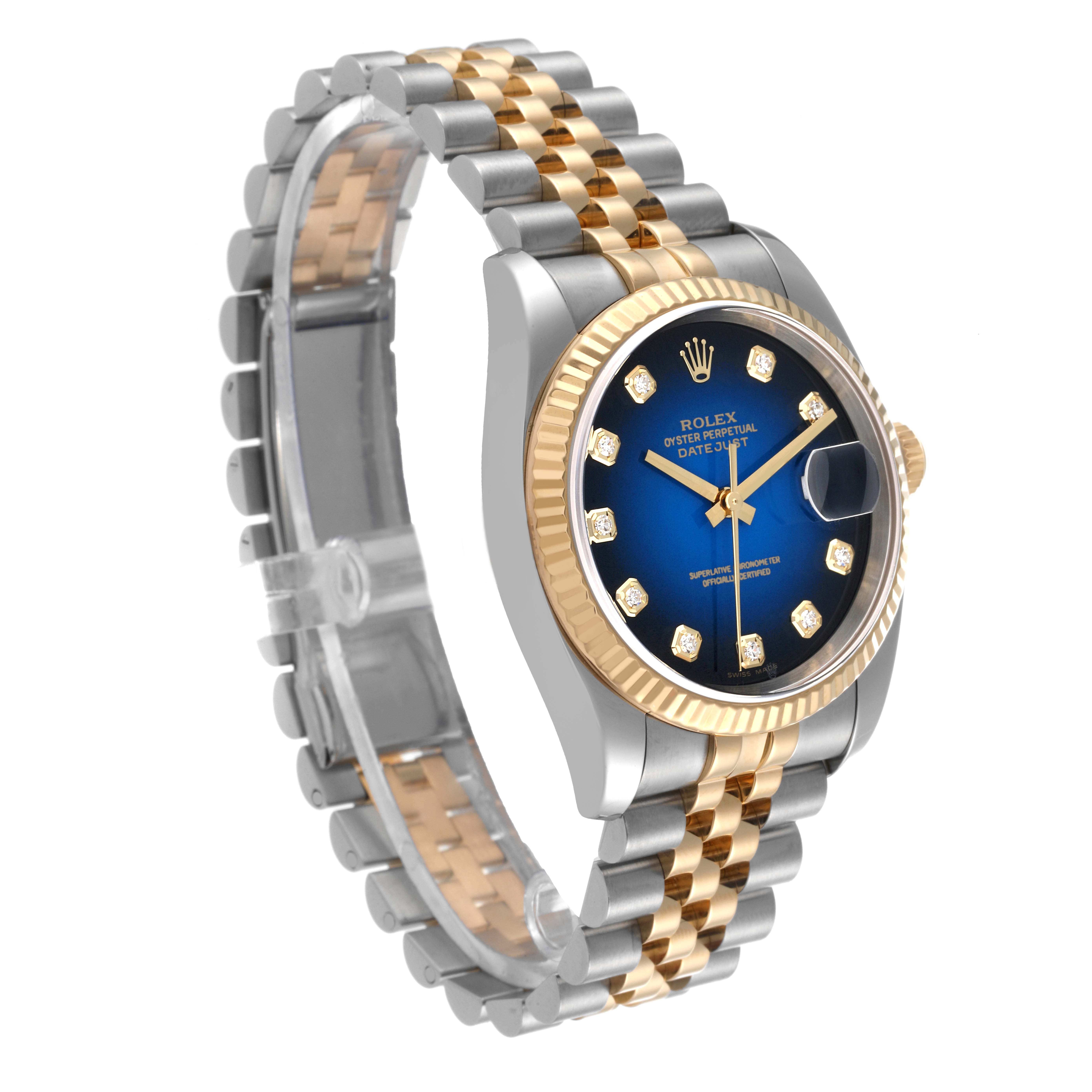 This image showcases a Rolex Datejust 116233 Men's Steel and Gold (two tone) Blue Dial 116233 Men's Steel and Gold (two tone) Blue Dial watch at an angled side view, highlighting its blue dial, gold fluted bezel, and two-tone bracelet.