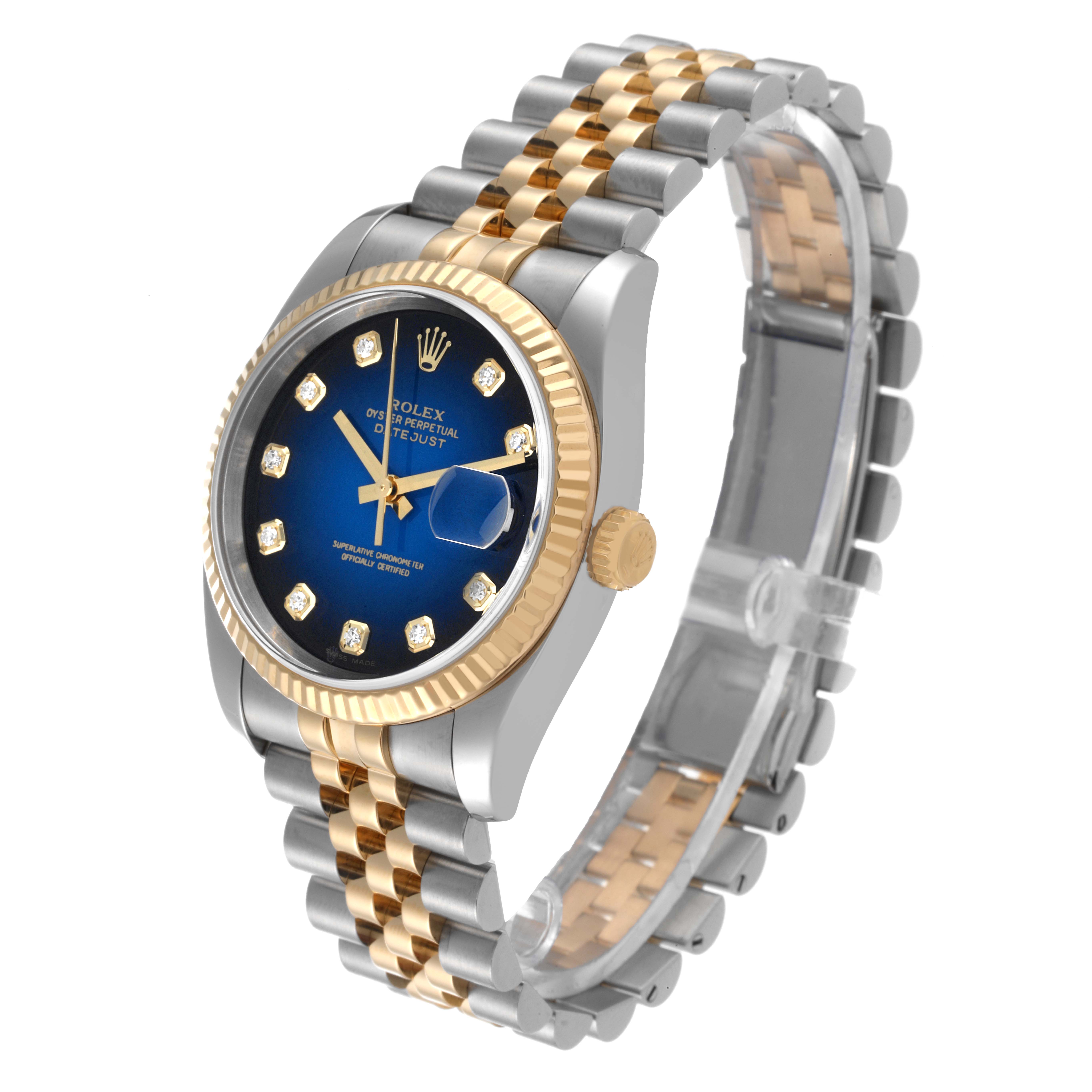 This image shows a side-angle view of a Rolex Datejust 116233 Men's Steel and Gold (two tone) Blue Dial 116233 Men's Steel and Gold (two tone) Blue Dial watch, highlighting the face, bezel, and bracelet.