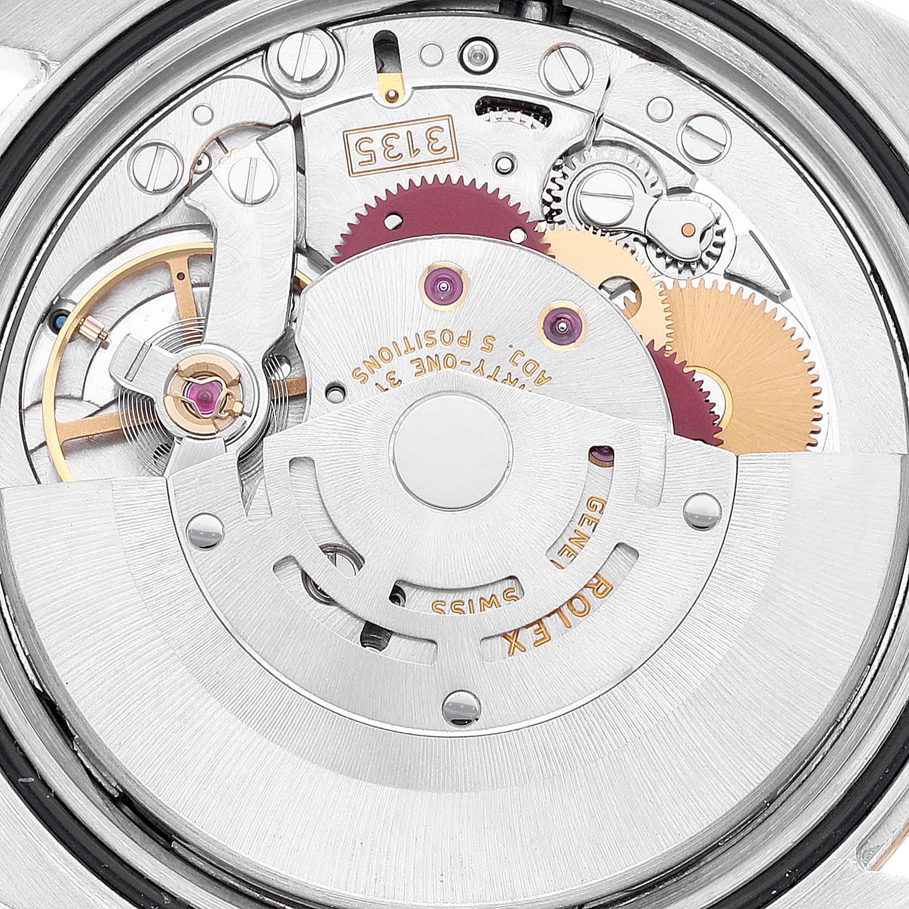 The image shows the internal movement mechanism of a Rolex Datejust 116233 Men's Steel and Gold (two tone) Blue Dial 116233 Men's Steel and Gold (two tone) Blue Dial watch from a top-down angle.