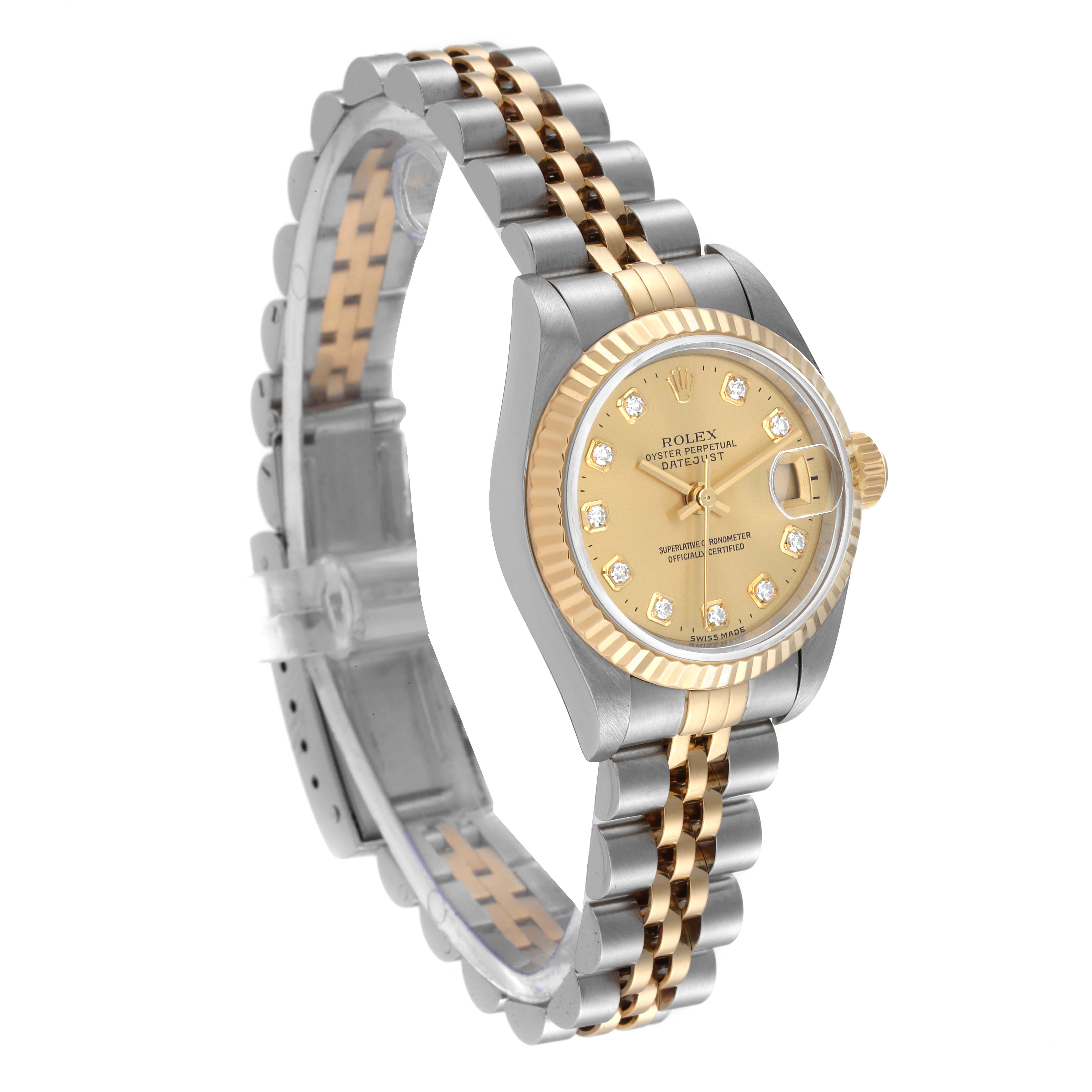 This angle shows the front and side view of the Rolex Datejust 79173 Women's Steel and Gold (two tone) Champagne Dial 79173 Women's Steel and Gold (two tone) Champagne Dial watch, highlighting its dial, bezel, and two-tone bracelet.