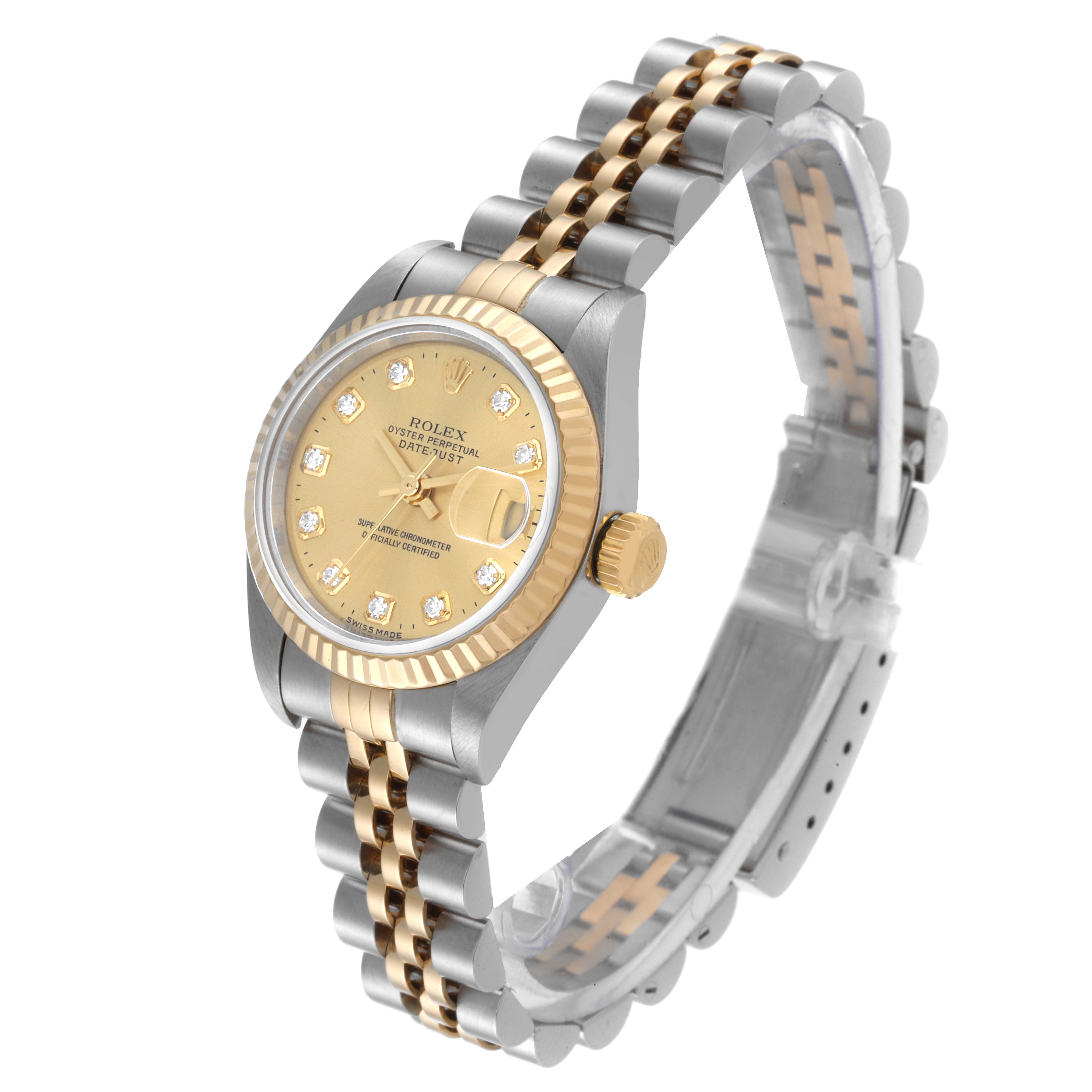 The Rolex Datejust 79173 Women's Steel and Gold (two tone) Champagne Dial 79173 Women's Steel and Gold (two tone) Champagne Dial watch is shown at an angled view, displaying the dial, bezel, crown, and jubilee bracelet.