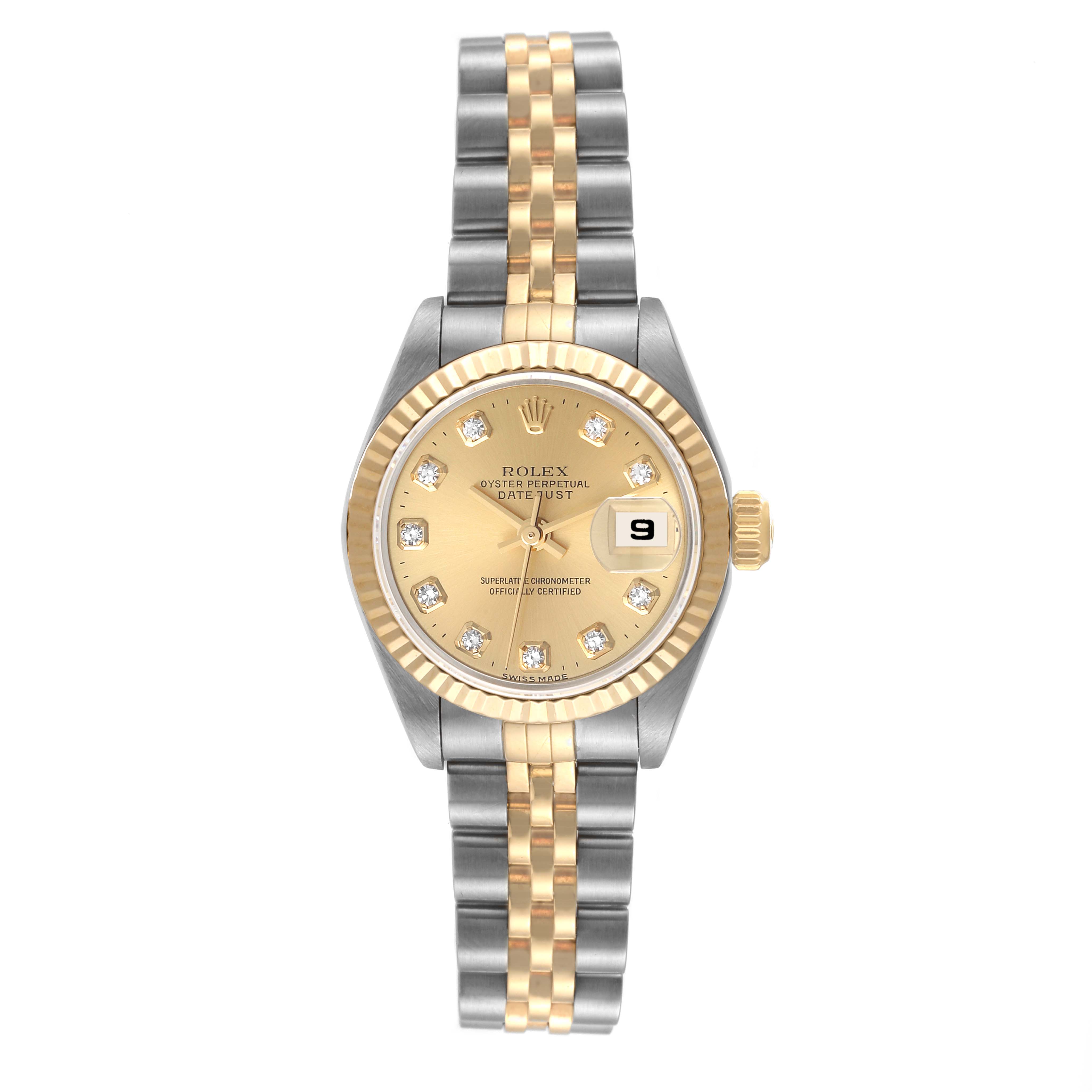 This Rolex Datejust 79173 Women's Steel and Gold (two tone) Champagne Dial 79173 Women's Steel and Gold (two tone) Champagne Dial watch model is shown from a front angle, displaying its dial, bezel, and two-tone bracelet.